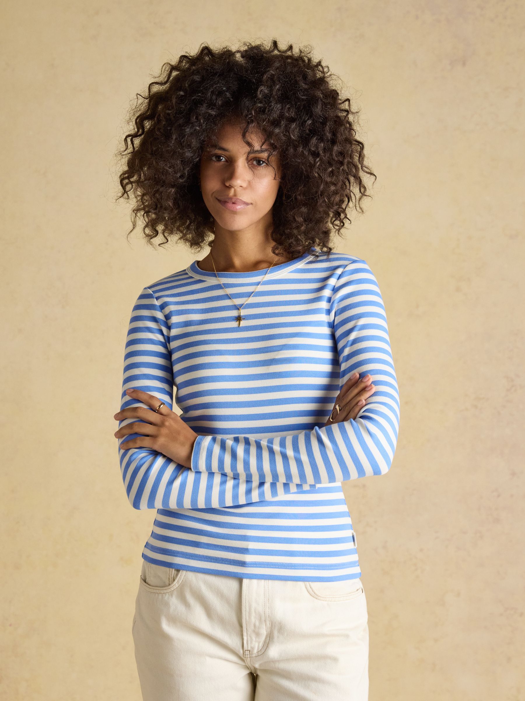 Sophie Blue Striped Long Sleeve Ribbed Fitted T-Shirt | Joules