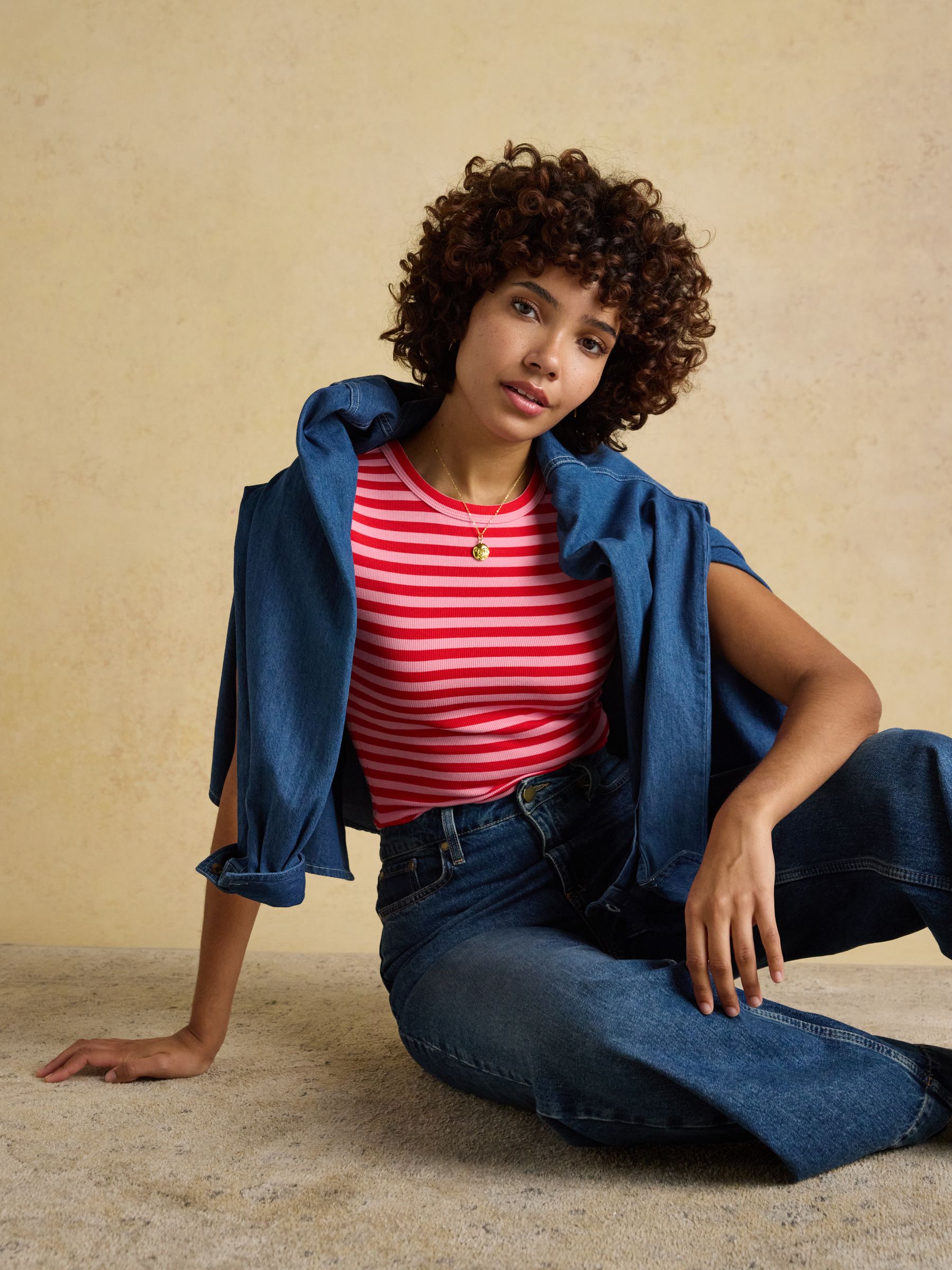 Sophie Red Pink Stripe Short Sleeve Ribbed Fitted T-Shirt - Image 3 of 8