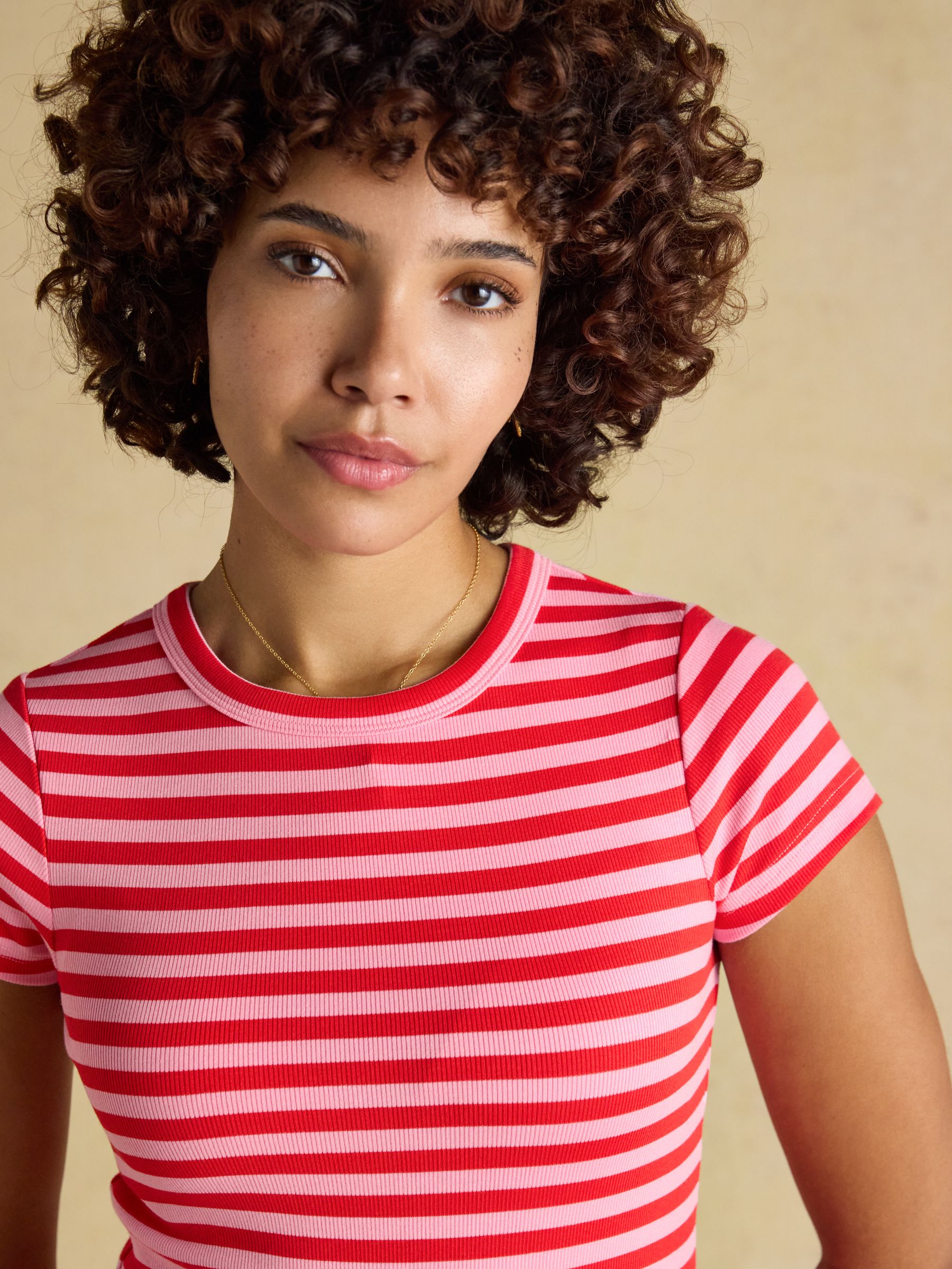Sophie Red Pink Stripe Short Sleeve Ribbed Fitted T-Shirt - Image 4 of 8
