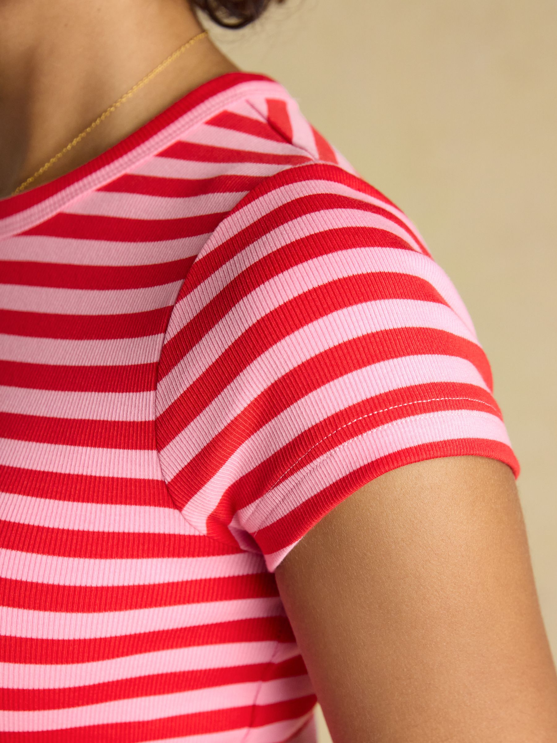 Sophie Red Pink Stripe Short Sleeve Ribbed Fitted T-Shirt - Image 5 of 8
