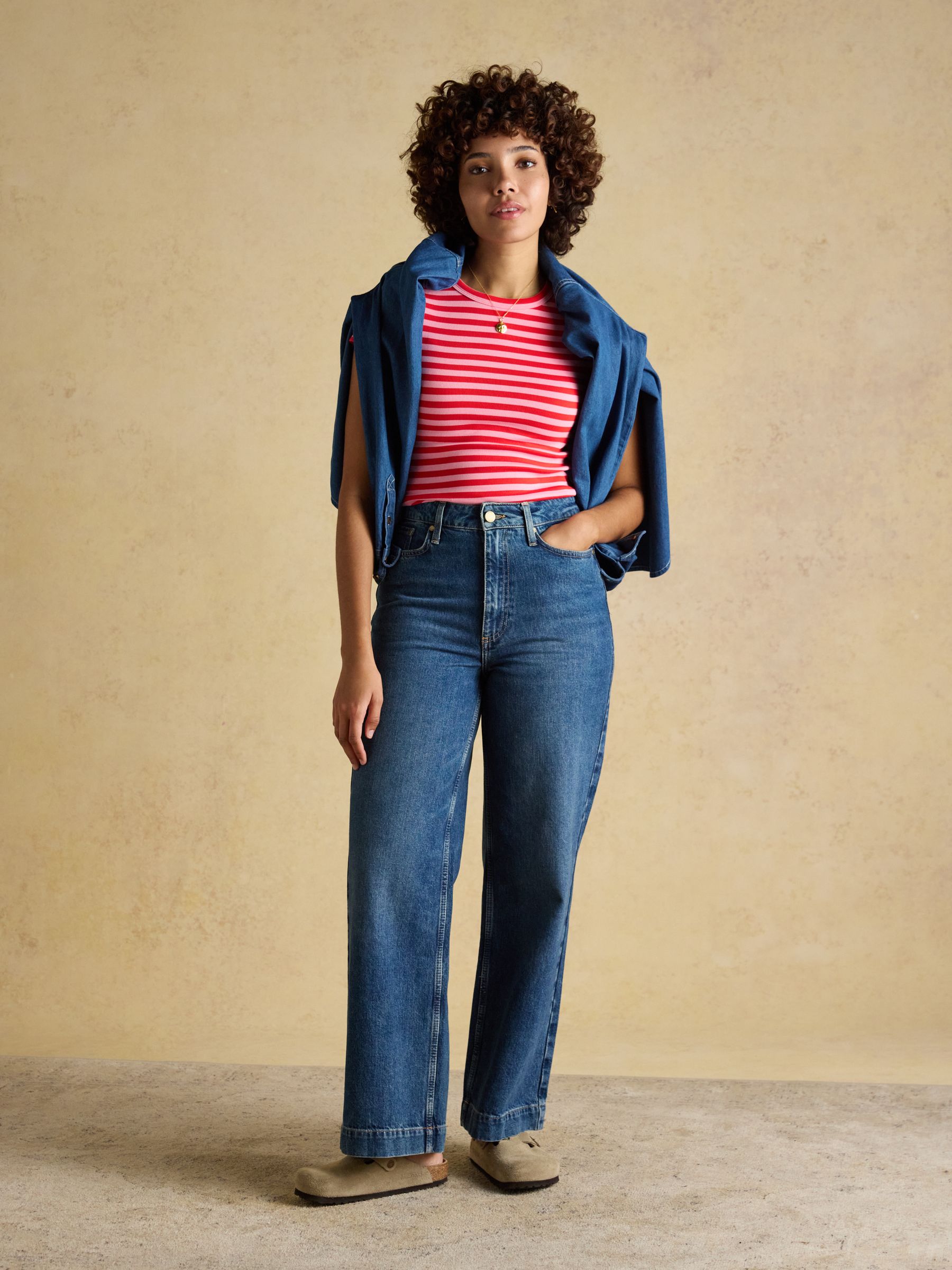 Sophie Red Pink Stripe Short Sleeve Ribbed Fitted T-Shirt - Image 6 of 8