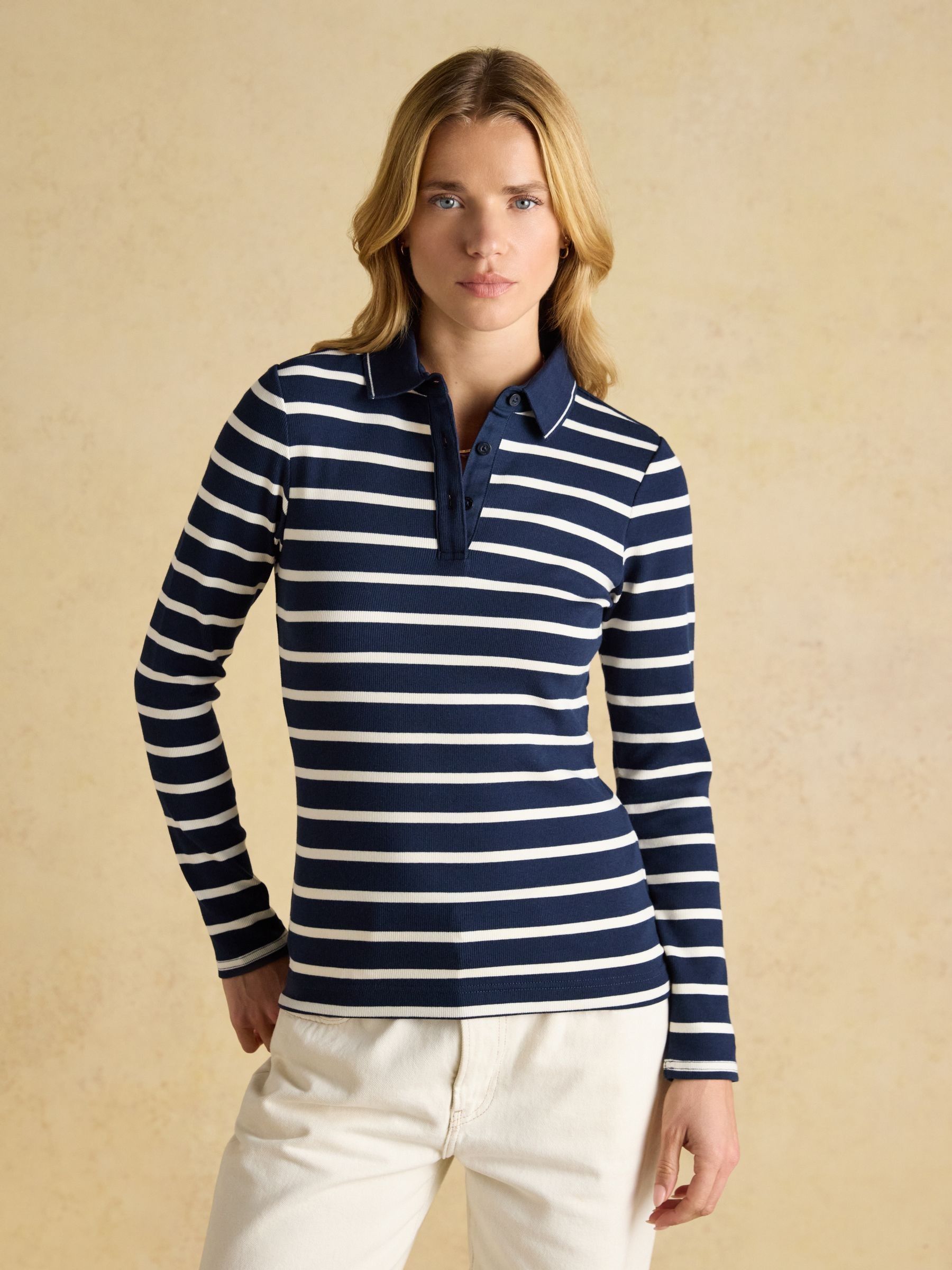 Fairfield Navy & Cream Striped Long Sleeve Ribbed Polo Shirt | Joules