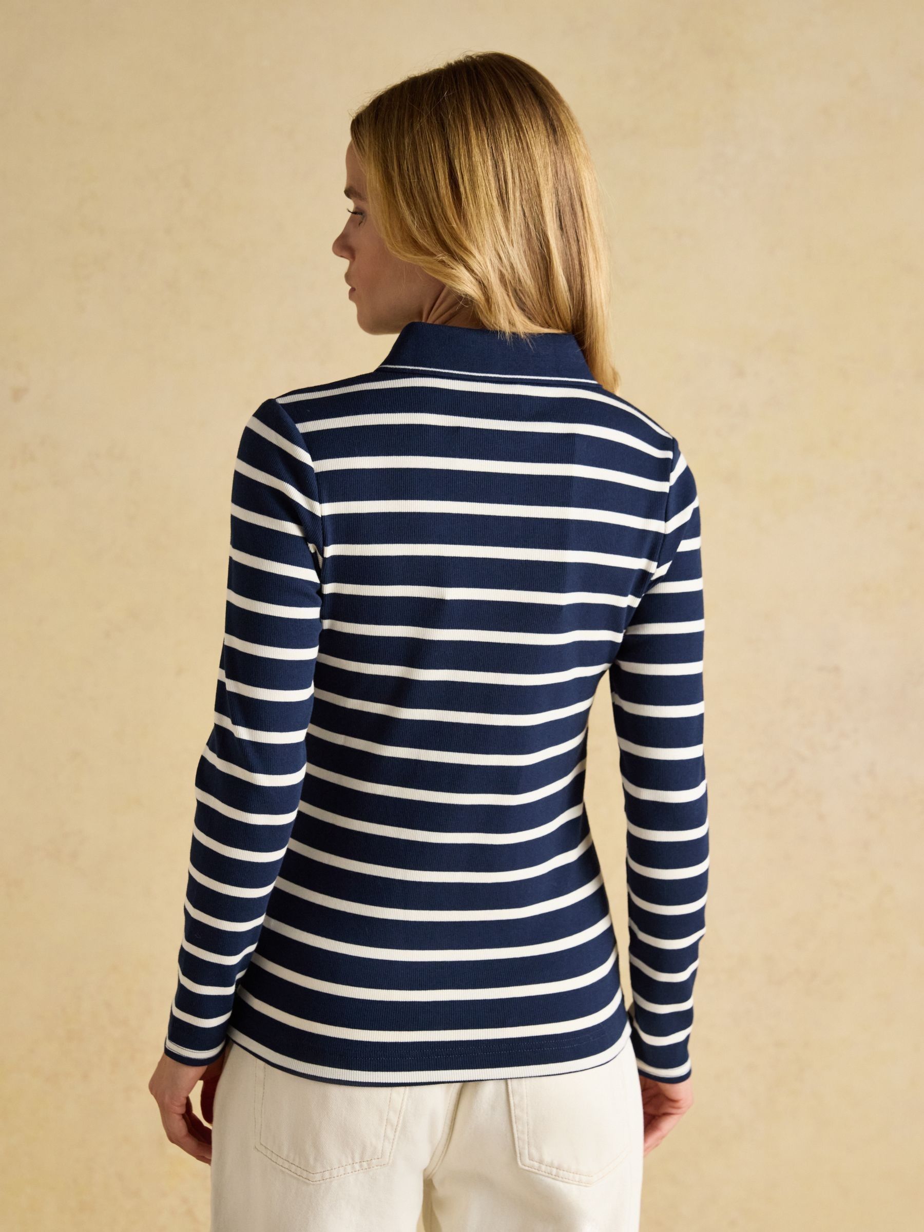 Fairfield Navy/Cream Ribbed Long Sleeve Stripe Polo Top - Image 2 of 7