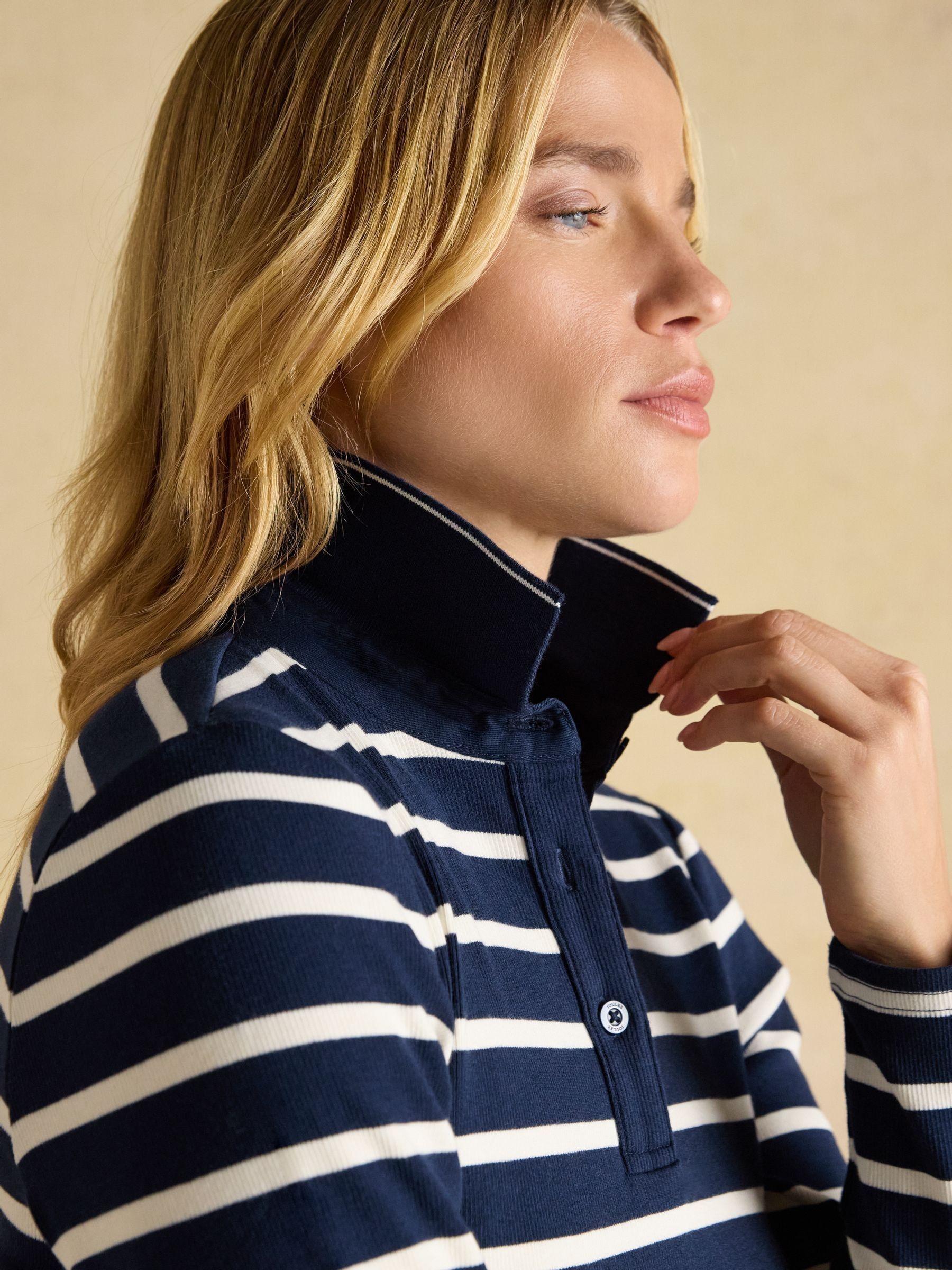 Fairfield Navy/Cream Ribbed Long Sleeve Stripe Polo Top - Image 6 of 7