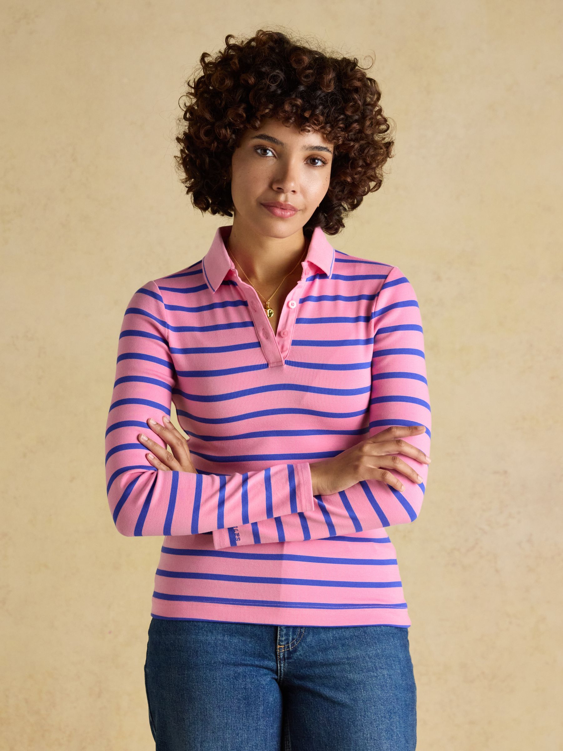 Fairfield Pink & Blue Striped Long Sleeve Ribbed Polo Shirt - Image 1 of 7