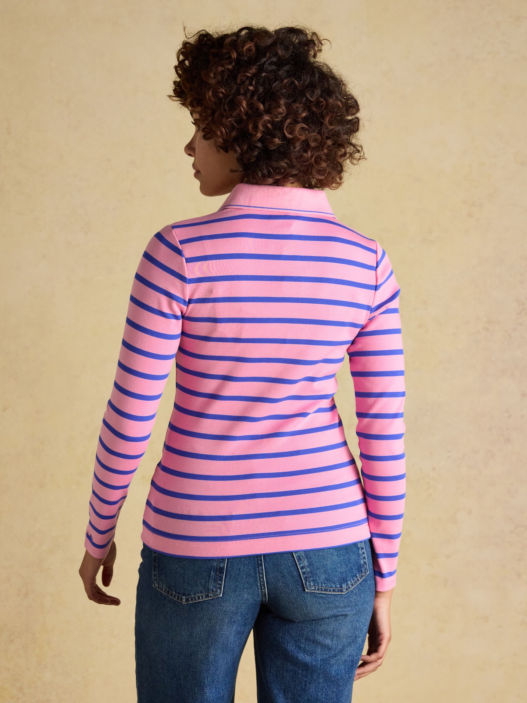 Fairfield Pink & Blue Striped Long Sleeve Ribbed Polo Shirt - Image 2 of 7