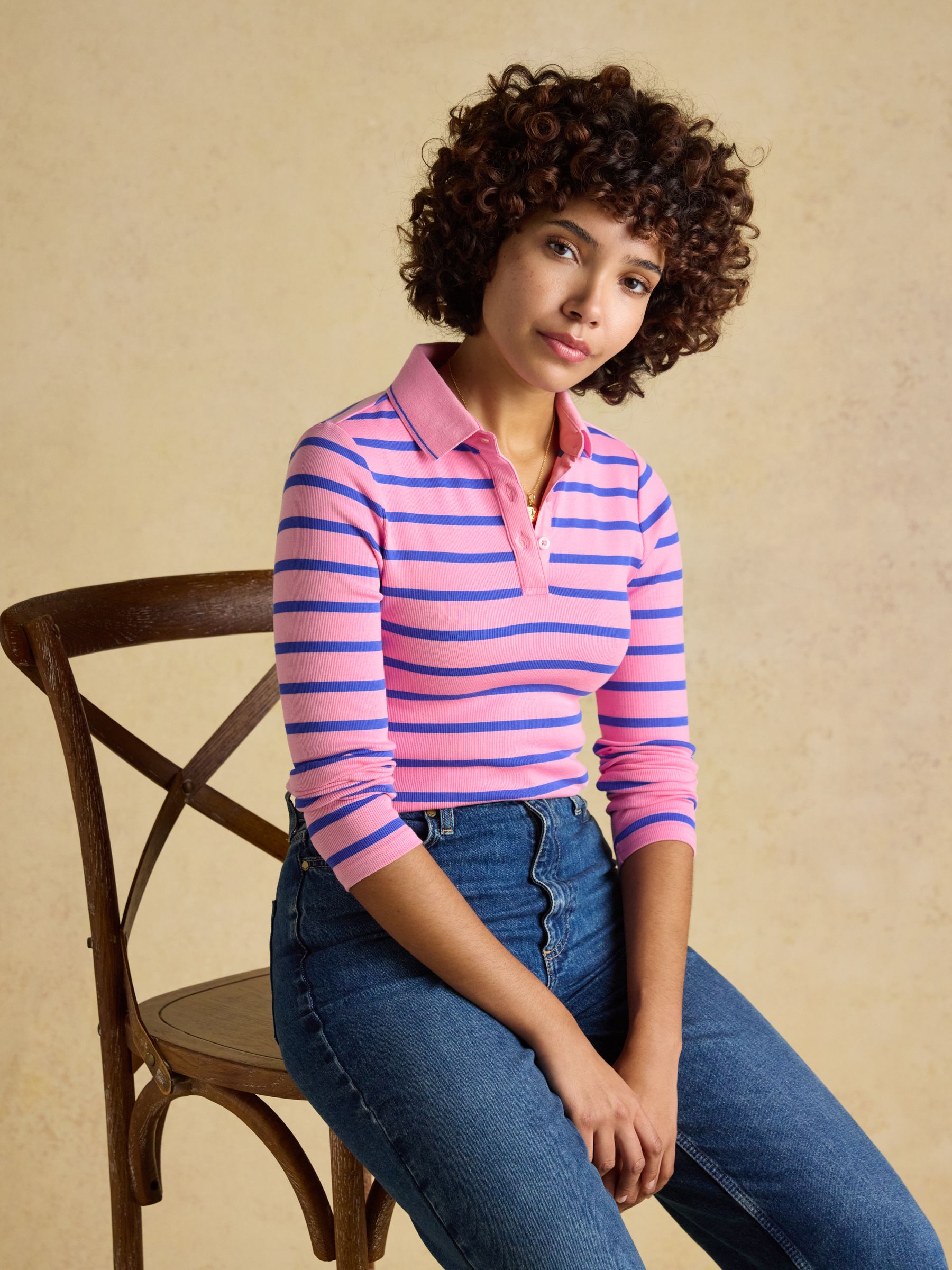 Fairfield Pink & Blue Striped Long Sleeve Ribbed Polo Shirt - Image 3 of 7