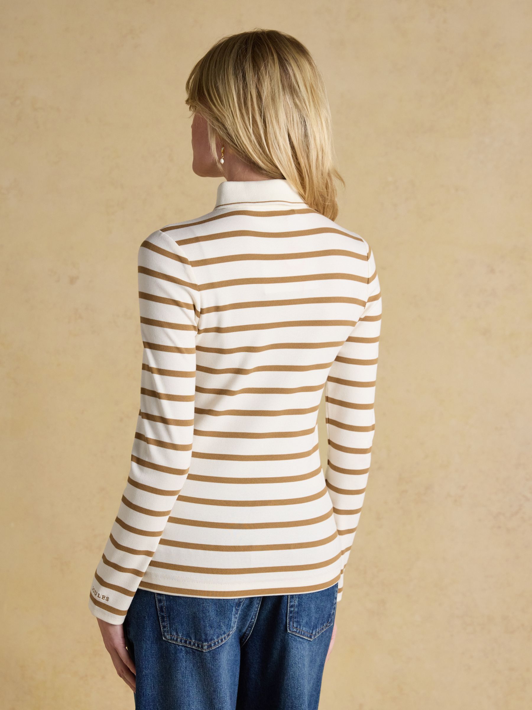 Fairfield Jonty Fox Cream & Brown Striped Long Sleeve Ribbed Polo Shirt - Image 2 of 9