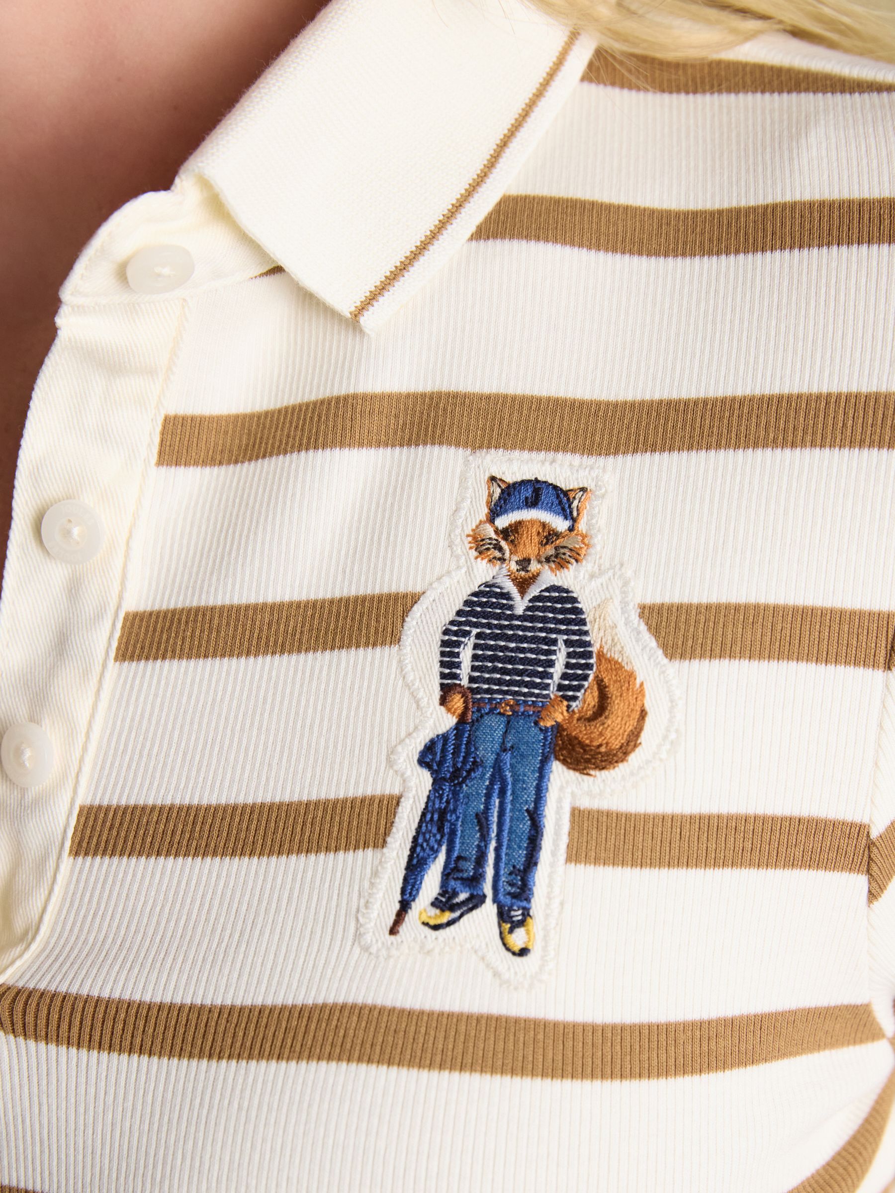 Fairfield Jonty Fox Cream & Brown Striped Long Sleeve Ribbed Polo Shirt - Image 5 of 9