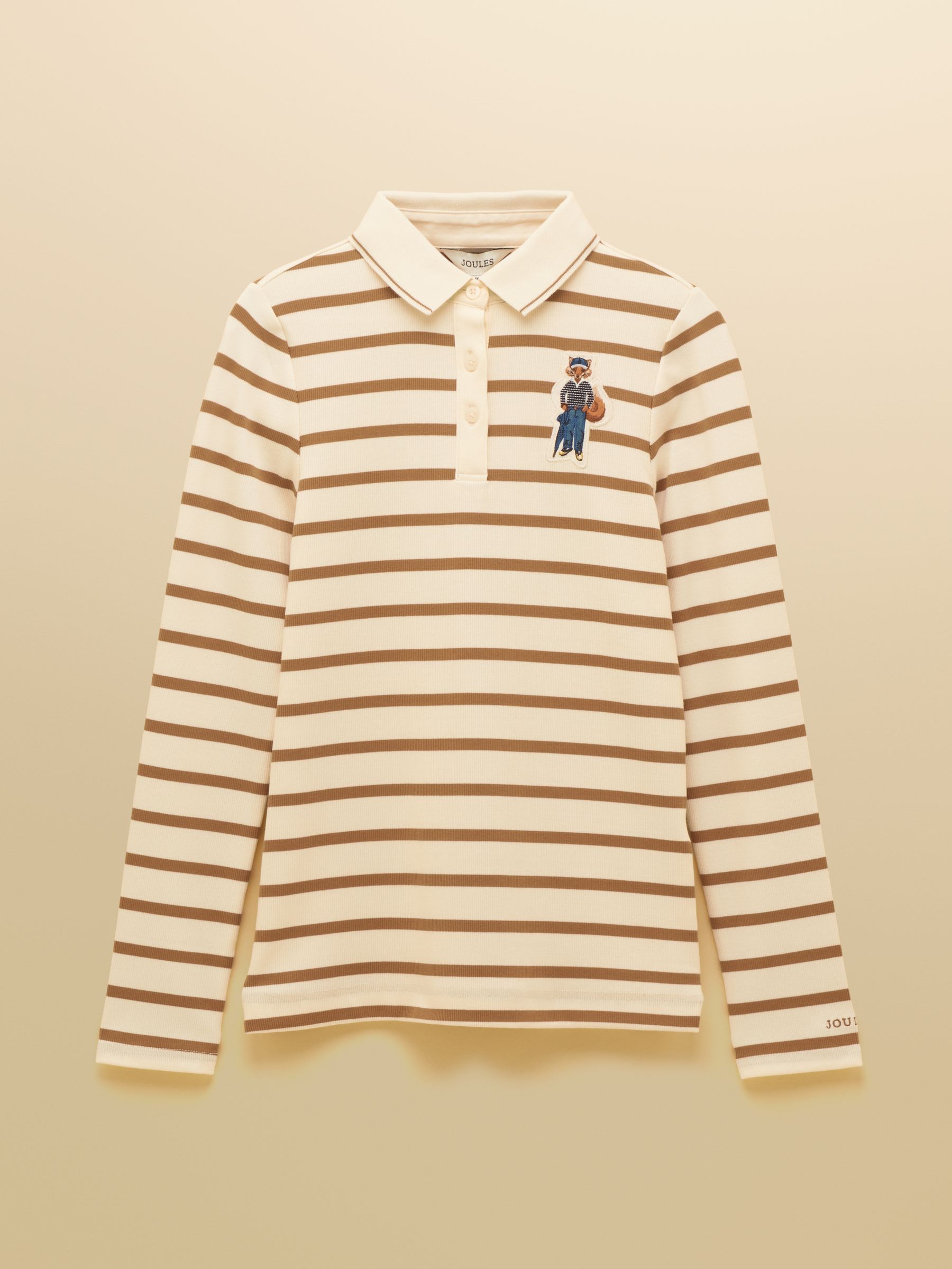 Fairfield Jonty Fox Cream & Brown Striped Long Sleeve Ribbed Polo Shirt - Image 9 of 9