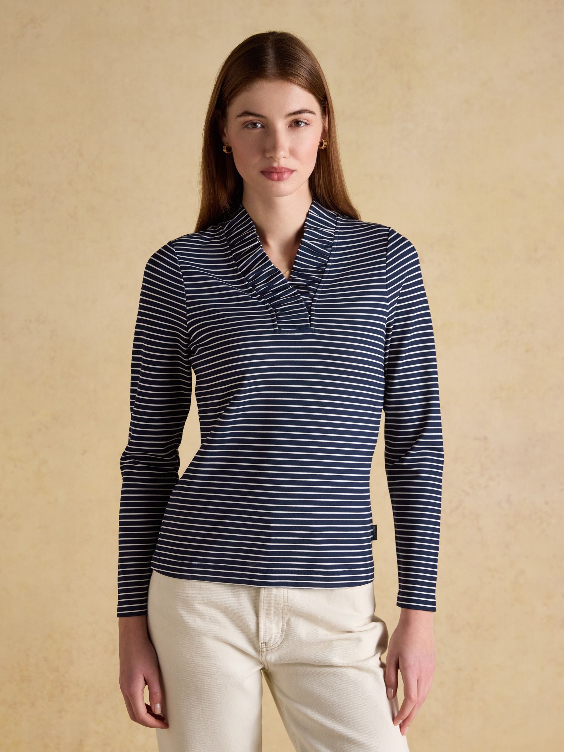 Heidi Printed Navy Stripe Frill Neck Jersey Top - Image 1 of 6
