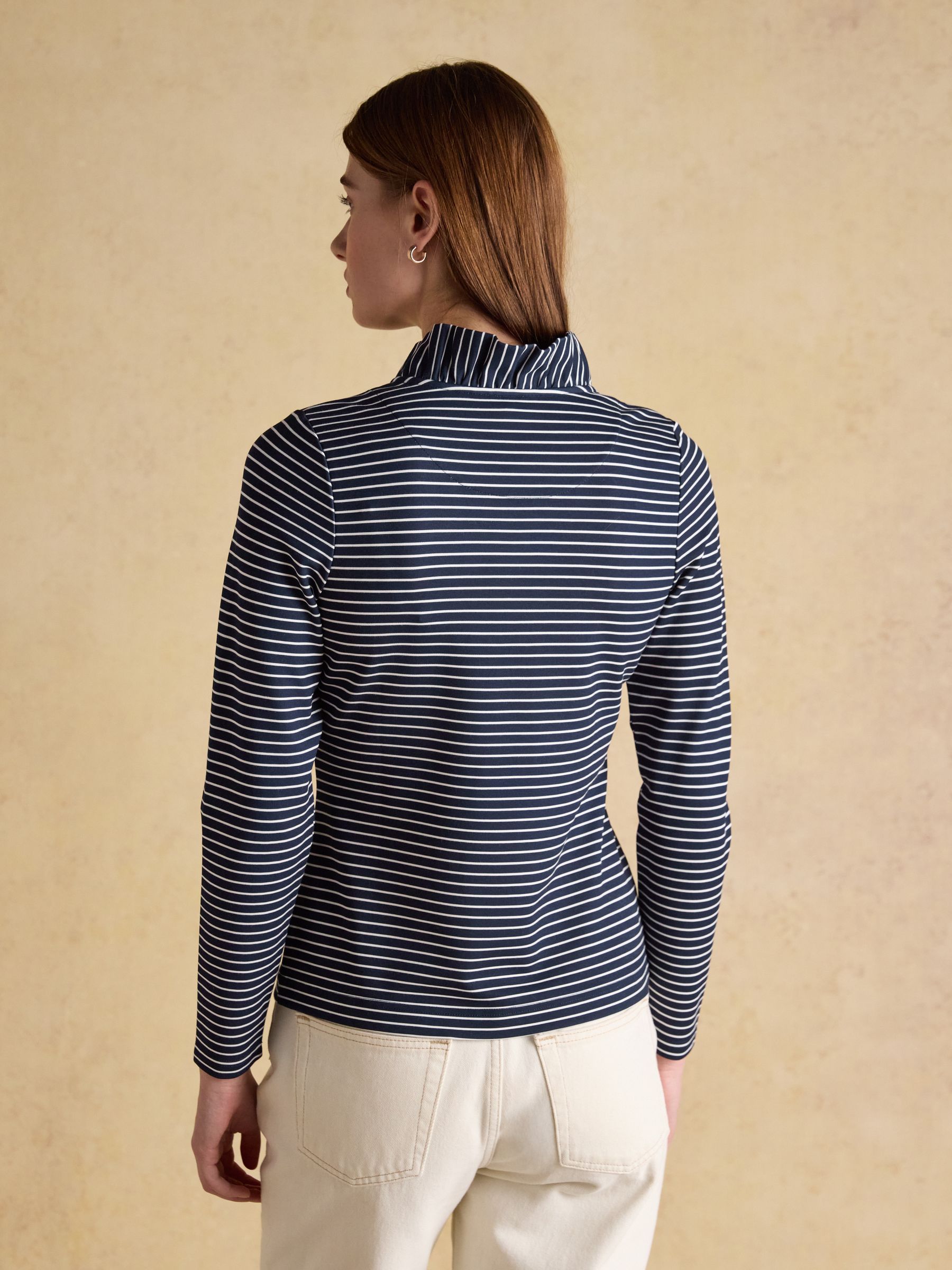 Heidi Printed Navy Stripe Frill Neck Jersey Top - Image 2 of 6