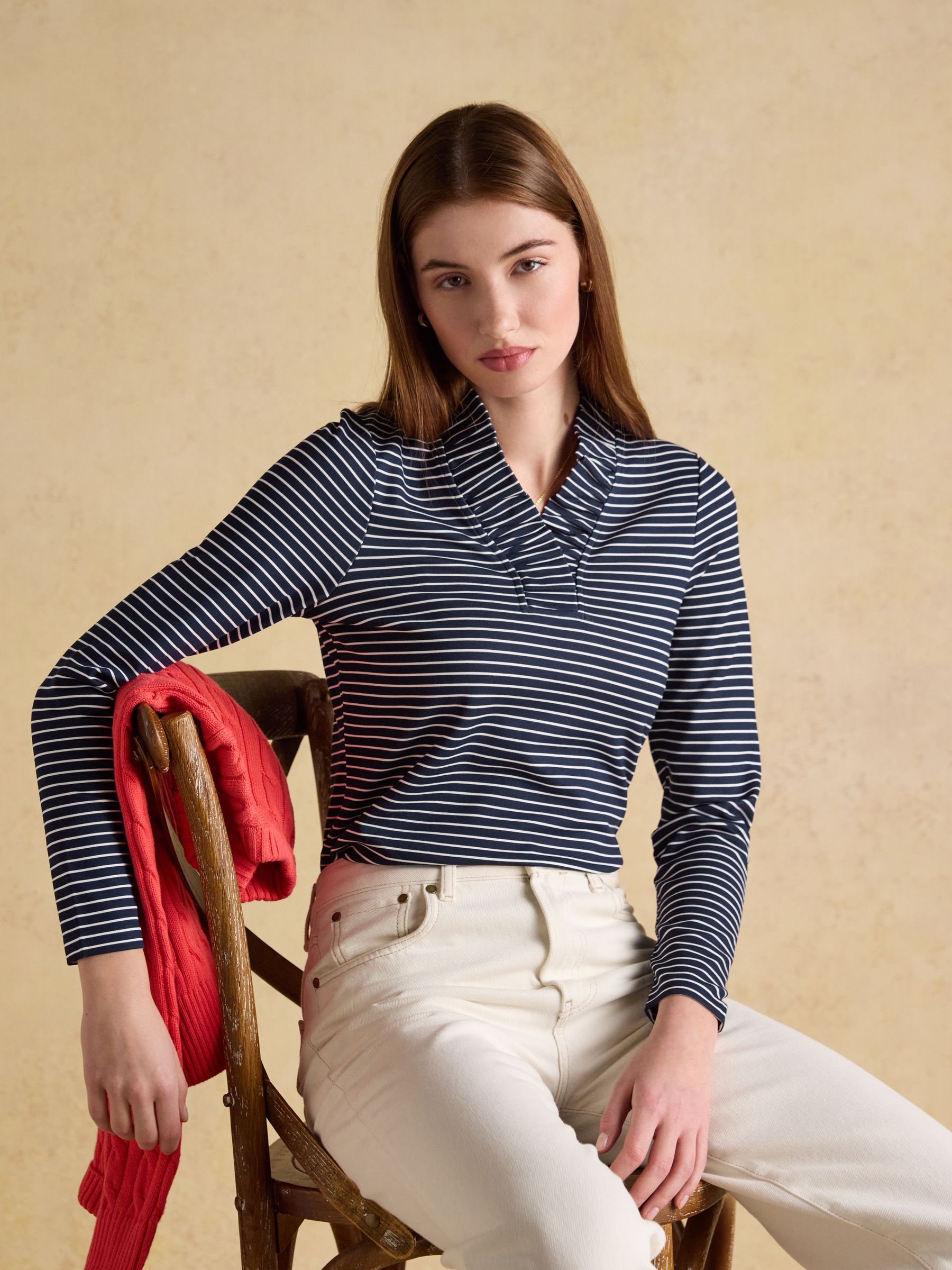 Heidi Printed Navy Striped Frill Neck Jersey Top | Joules