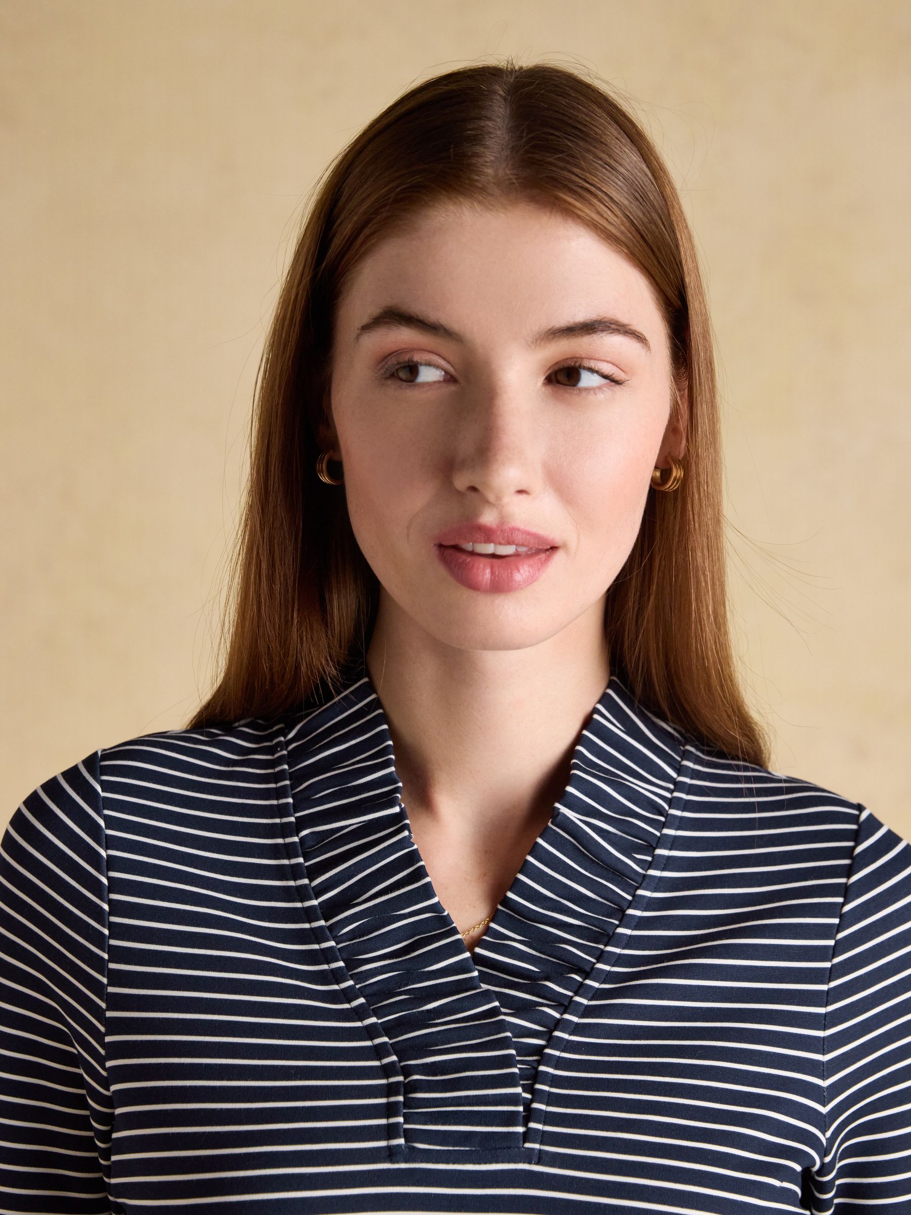 Heidi Printed Navy Stripe Frill Neck Jersey Top - Image 4 of 6