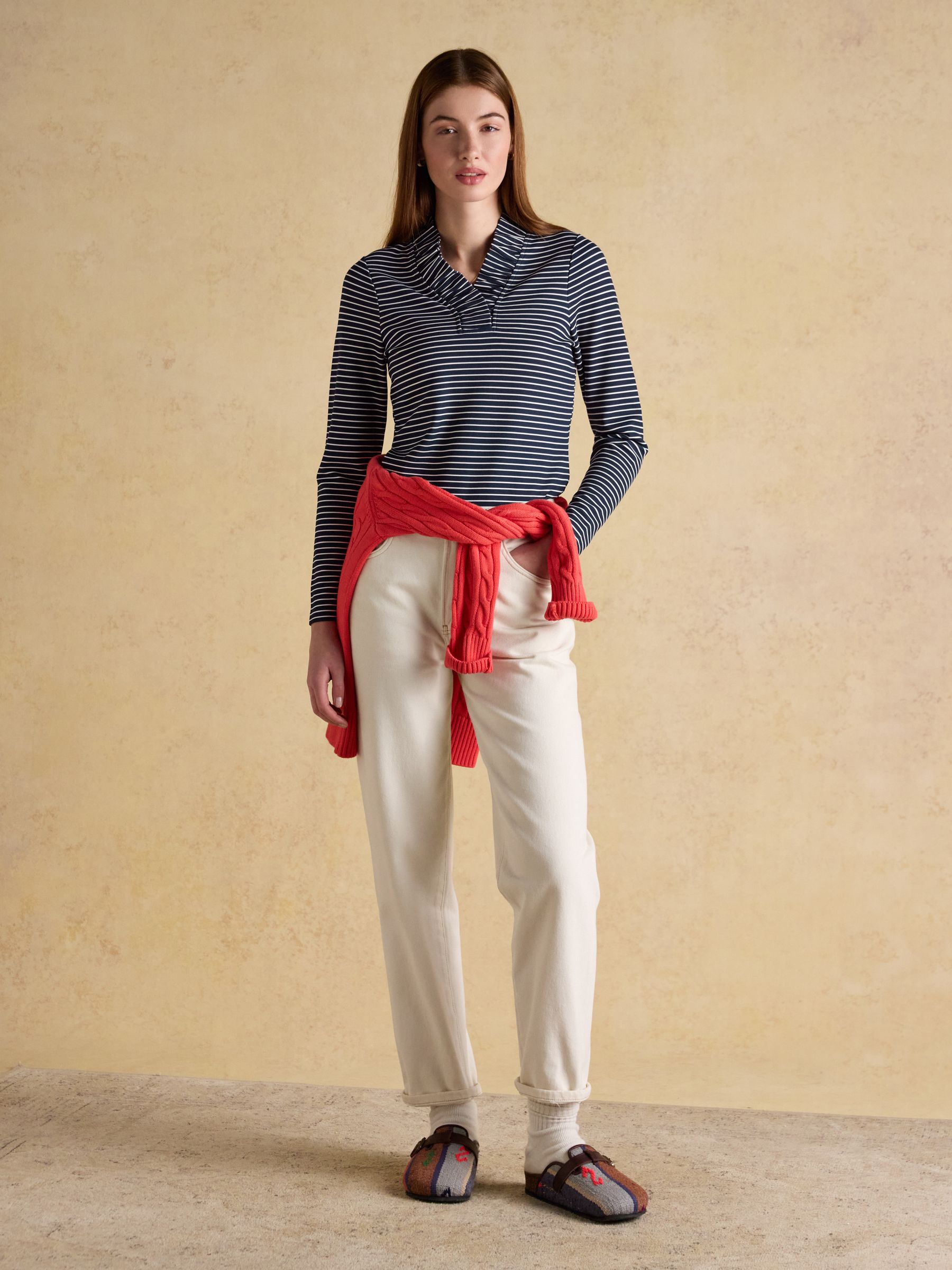 Heidi Printed Navy Striped Frill Neck Jersey Top - Image 8 of 8