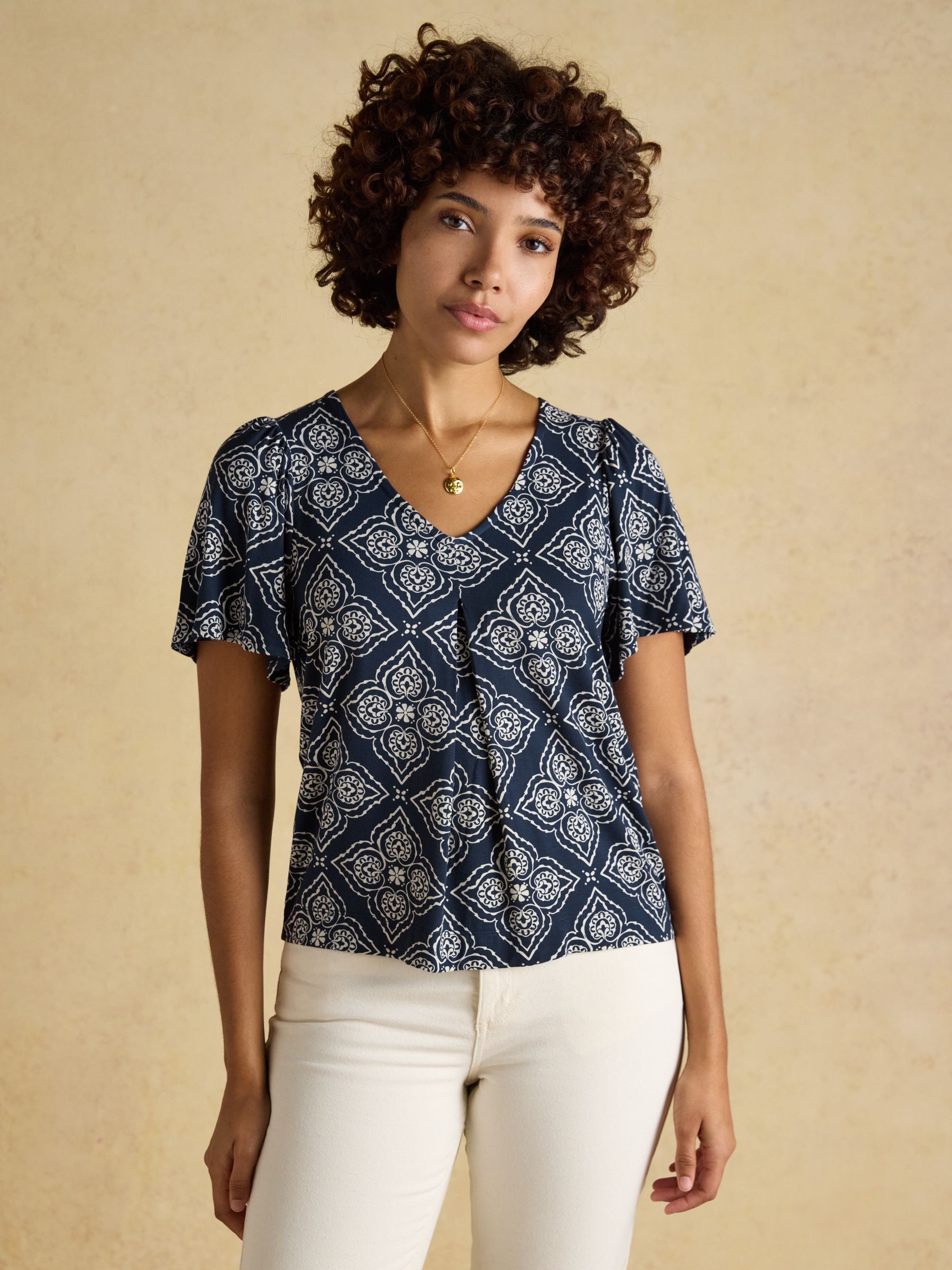 Nia Navy Geo Pleat Front Short Sleeve Jersey Top - Image 1 of 8