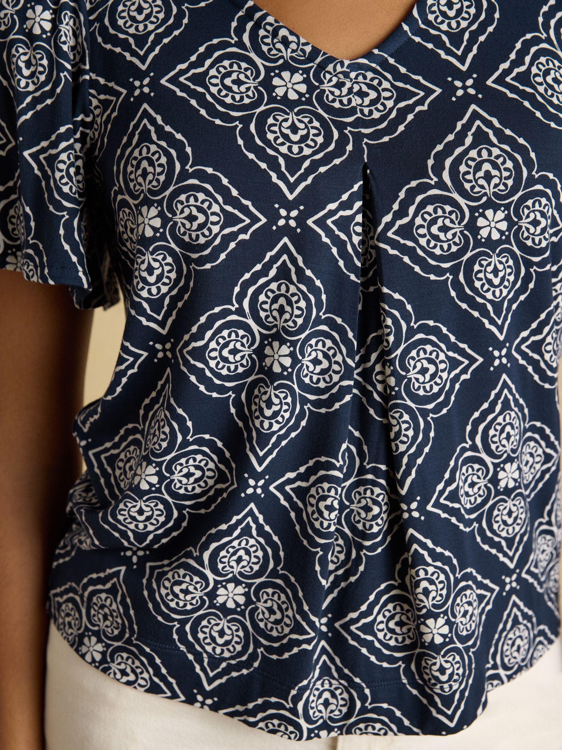 Nia Navy Geo Pleat Front Short Sleeve Jersey Top - Image 4 of 8