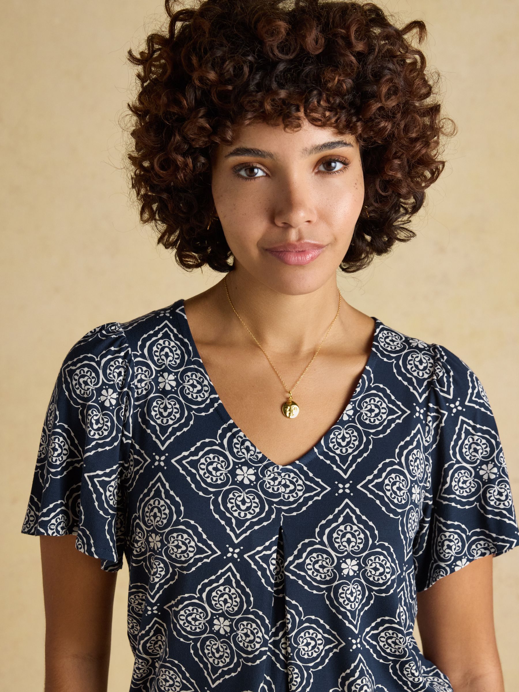 Nia Navy Geo Pleat Front Short Sleeve Jersey Top - Image 5 of 8