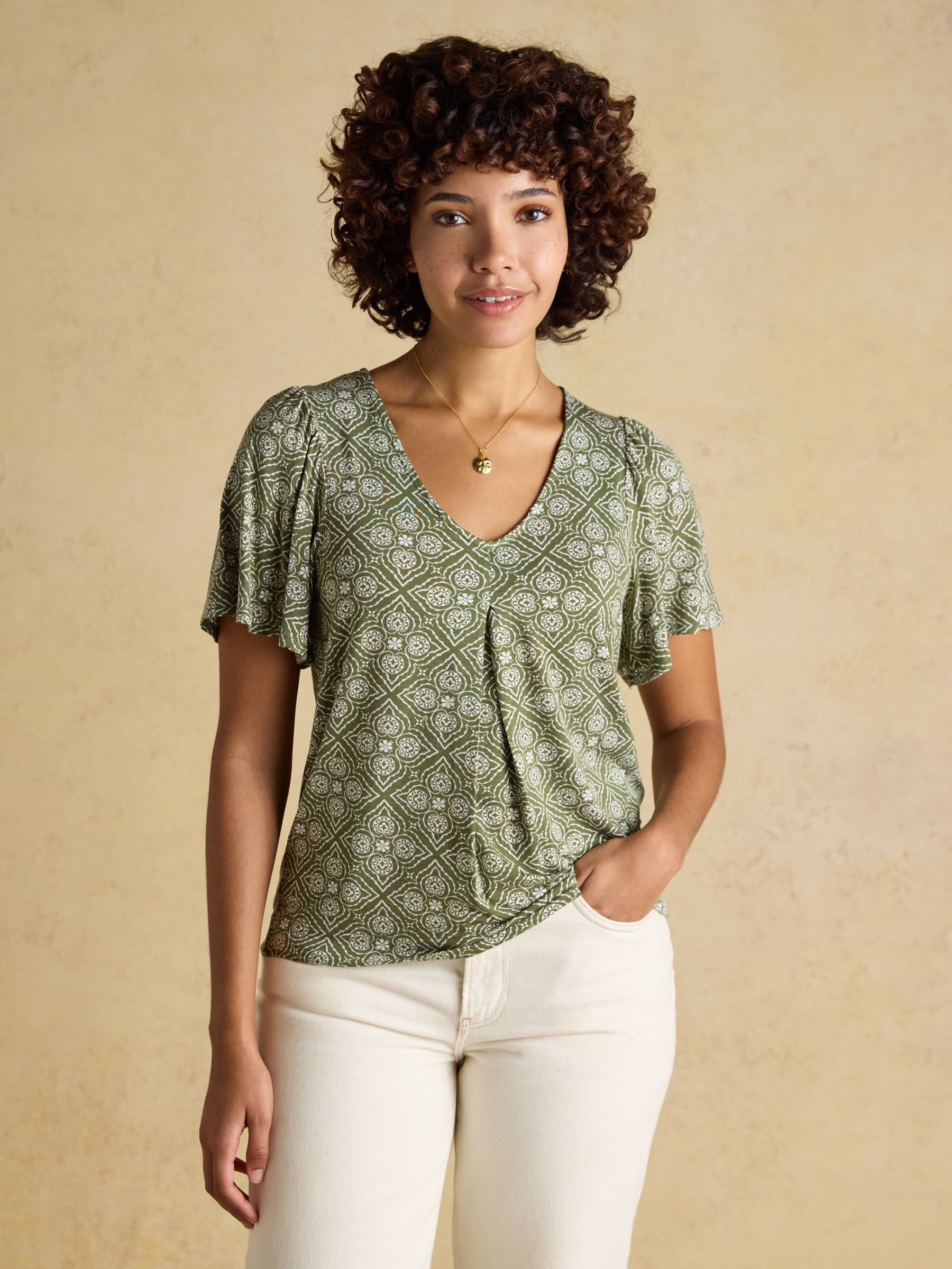 Nia Green Pleat Front Short Sleeve Jersey Top - Image 1 of 7