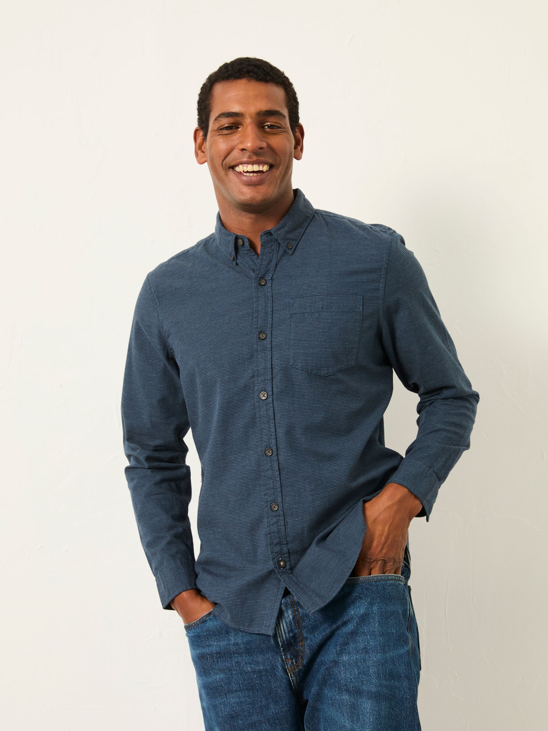Tadlow Dark Blue Long Sleeve Herringbone Shirt - Image 1 of 5