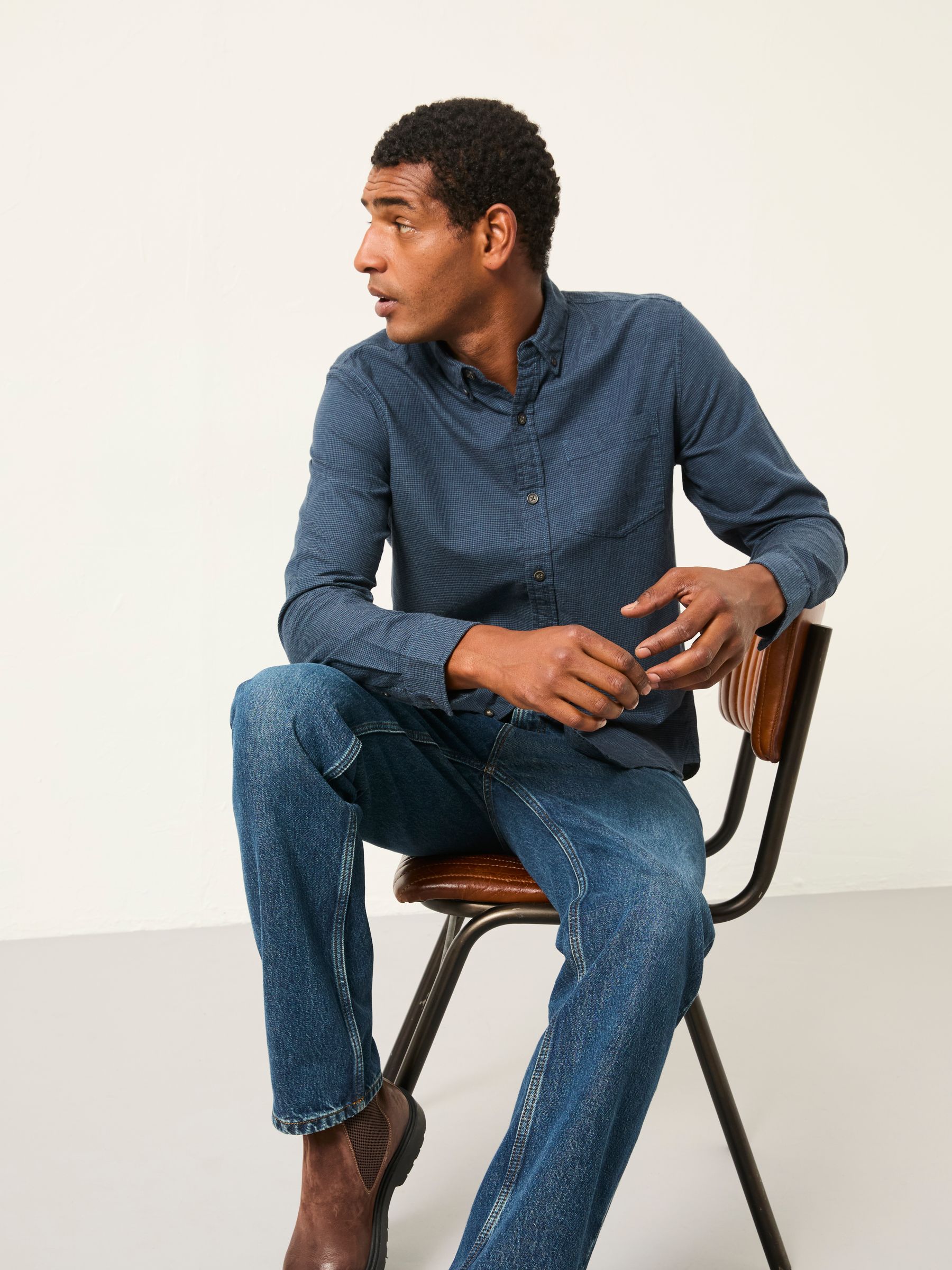 Tadlow Dark Blue Long Sleeve Herringbone Shirt - Image 4 of 5