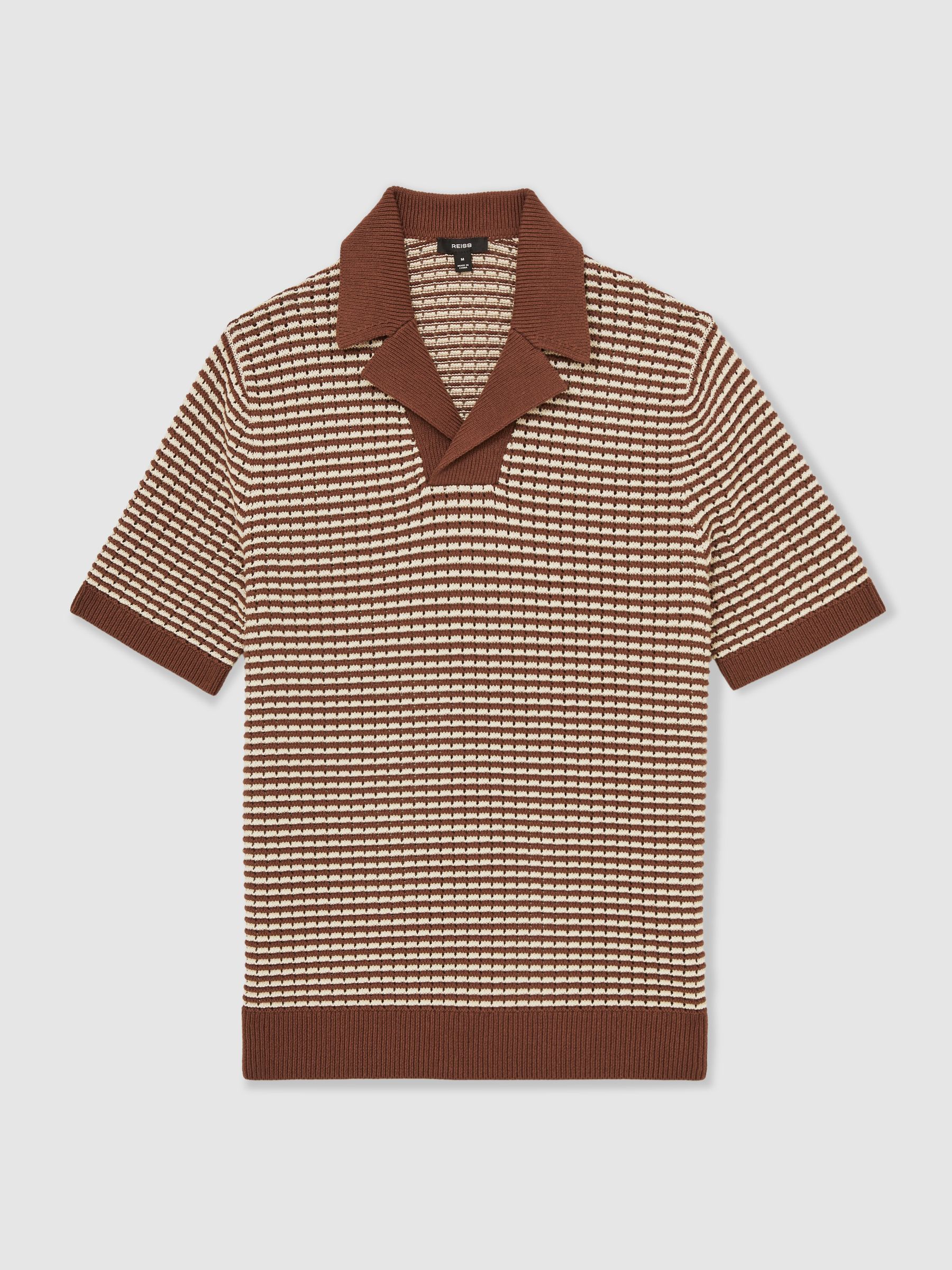 Cotton Textured Knit Stripe Polo Shirt in Tobacco Brown/ Off White - Image 2 of 6