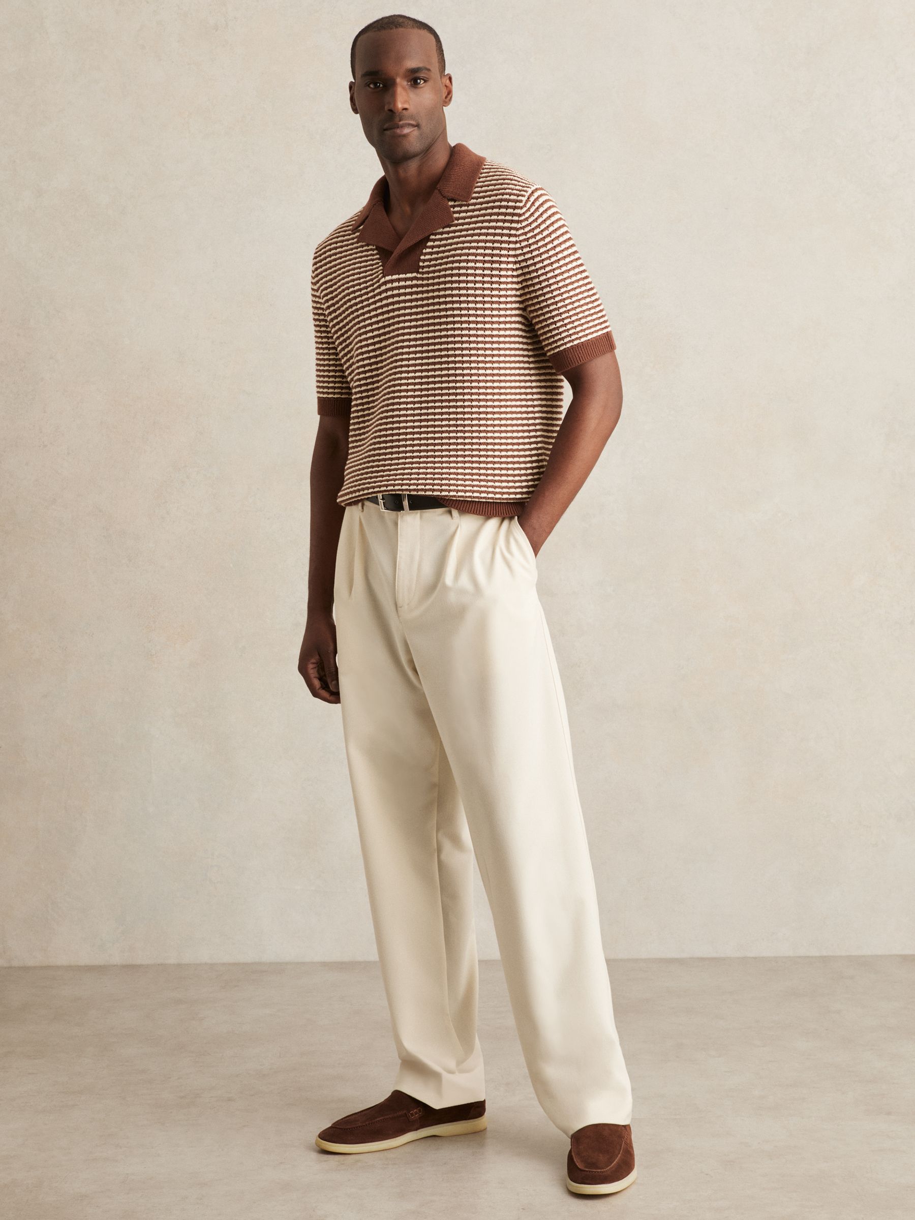 Cotton Textured Knit Stripe Polo Shirt in Tobacco Brown/ Off White - Image 3 of 6
