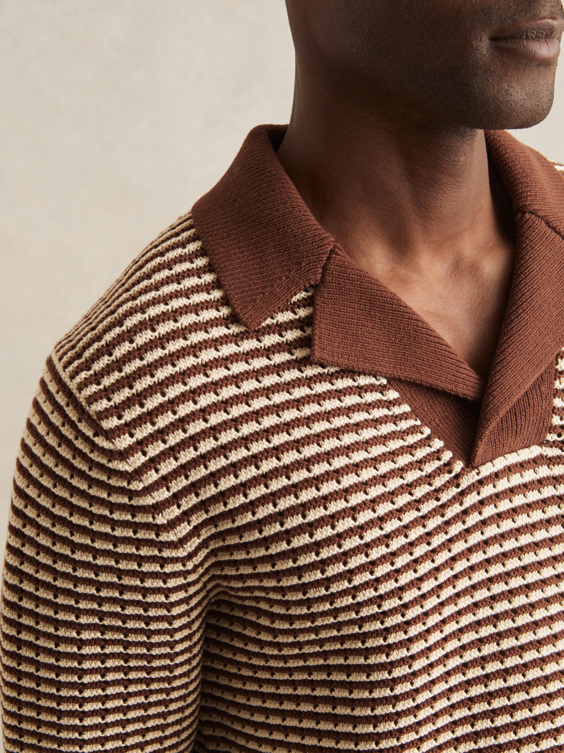 Cotton Textured Knit Stripe Polo Shirt in Tobacco Brown/ Off White - Image 4 of 6