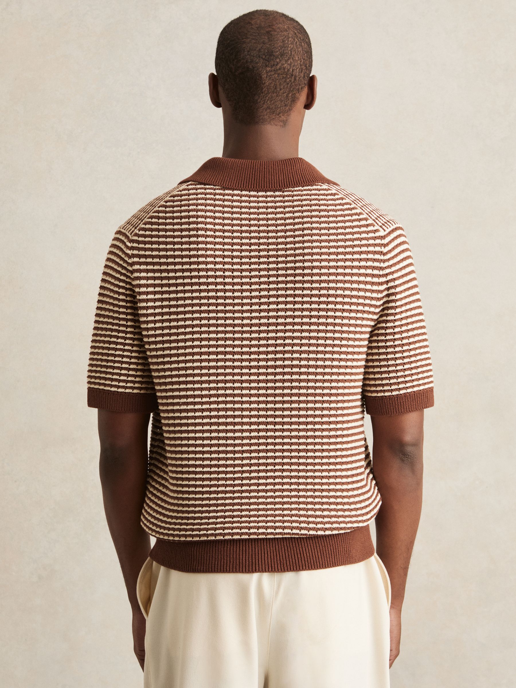 Cotton Textured Knit Stripe Polo Shirt in Tobacco Brown/ Off White - Image 5 of 6
