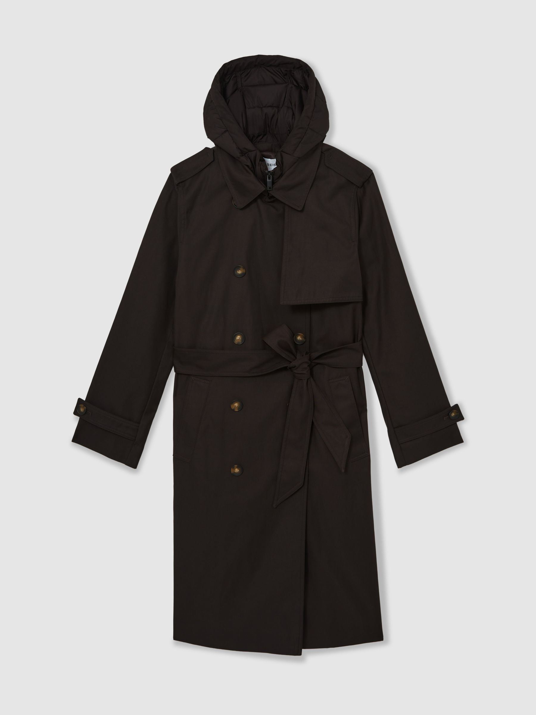 Hooded Insert Trench Coat in Chocolate Brown - Image 2 of 7