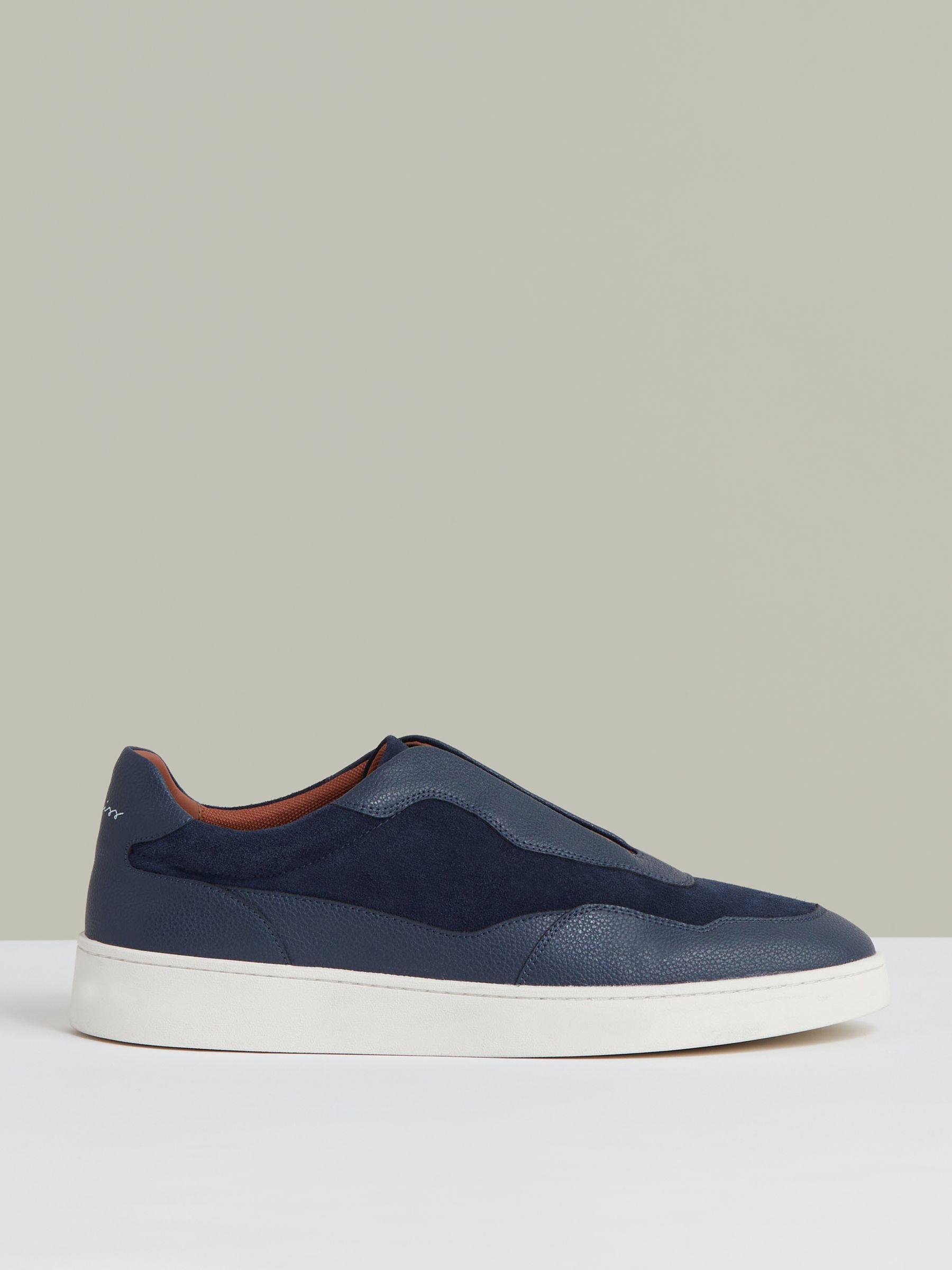 Grained Leather Elasticated Lace Trainers in Navy Blue - Image 1 of 6