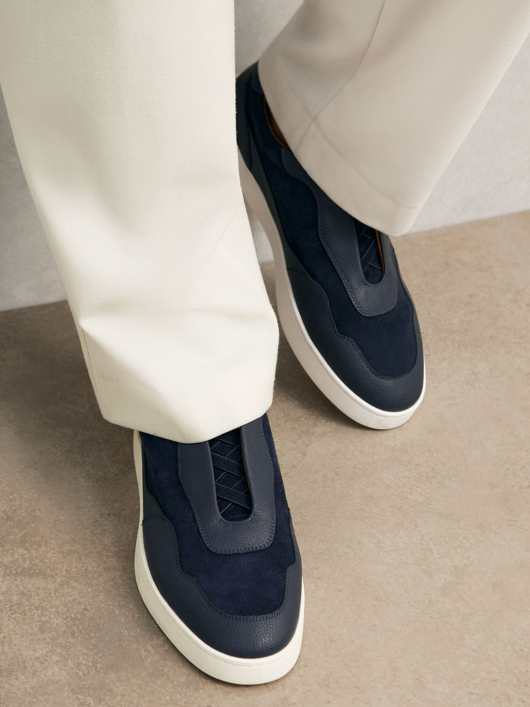 Grained Leather Elasticated Lace Trainers in Navy Blue - Image 3 of 6