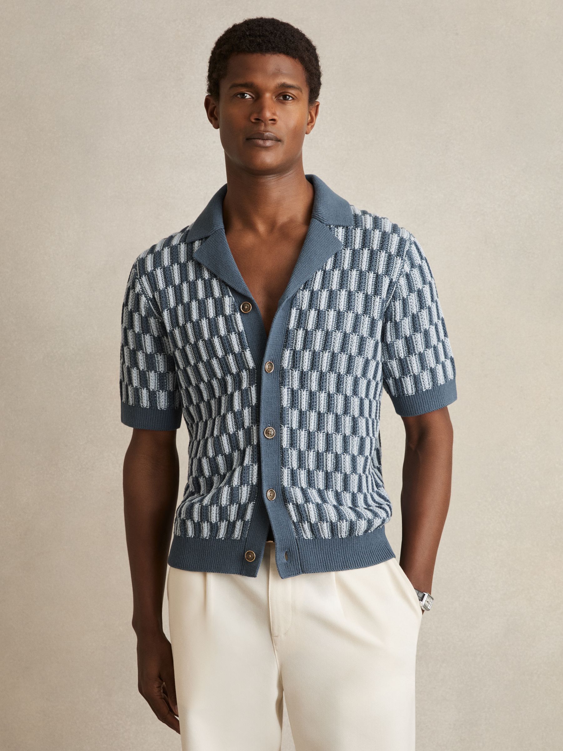Cotton Checkerboard-Knit Shirt in Airforce Blue/Soft Blue - Image 3 of 6