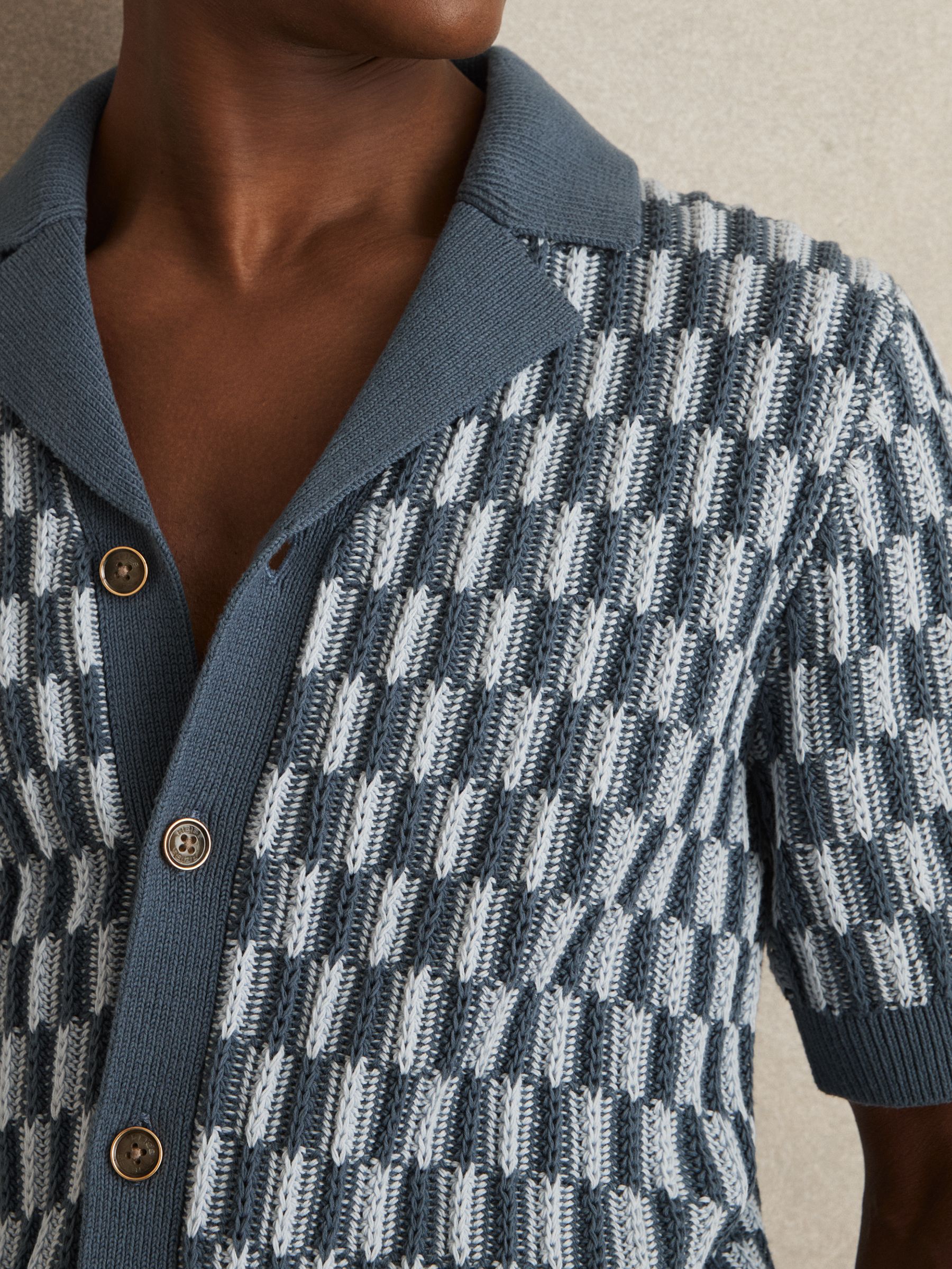 Cotton Checkerboard-Knit Shirt in Airforce Blue/Soft Blue - Image 4 of 6