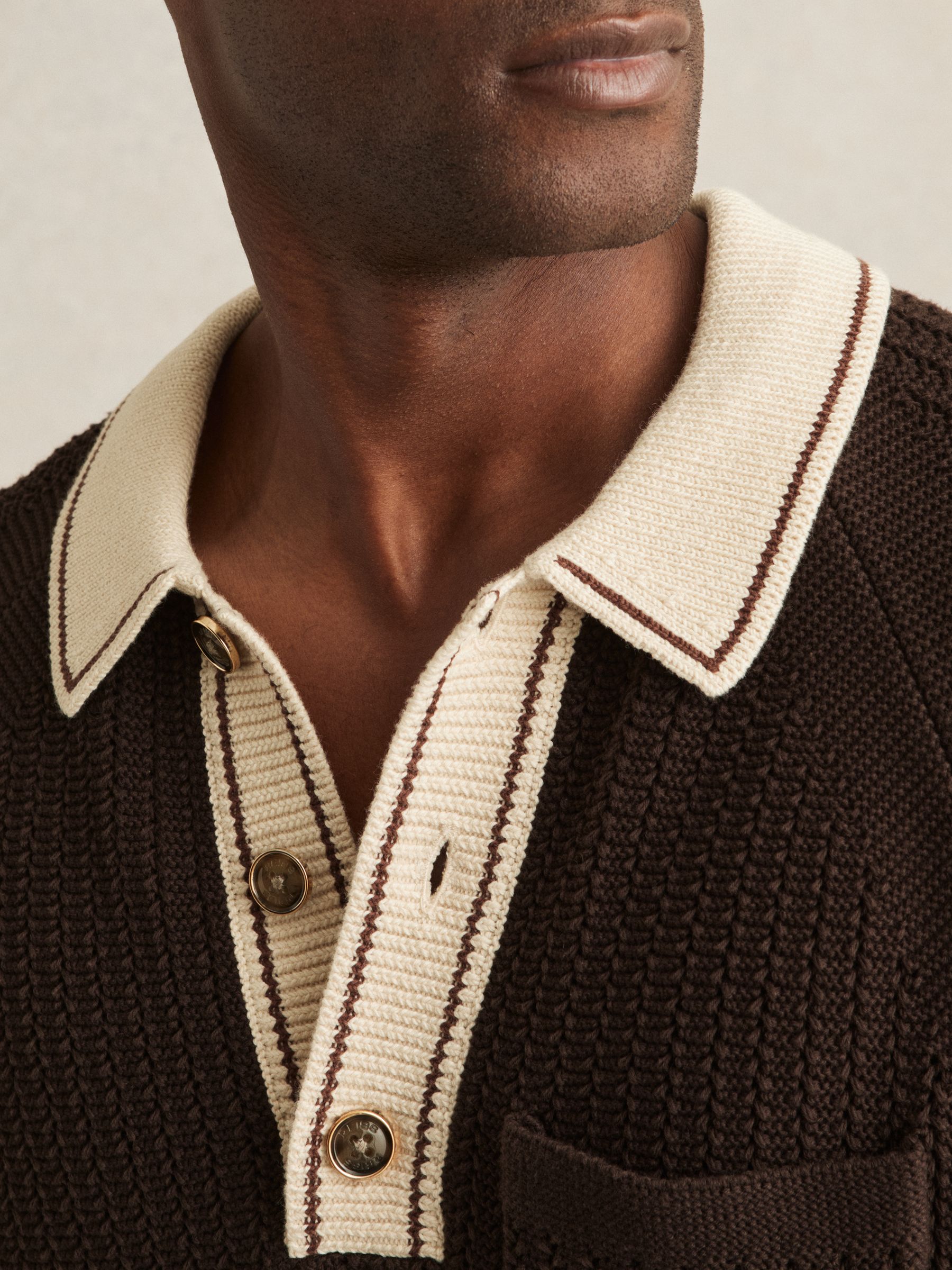 Cotton Textured Knit Contrast Polo Shirt in Dark Brown/Stone - Image 3 of 5