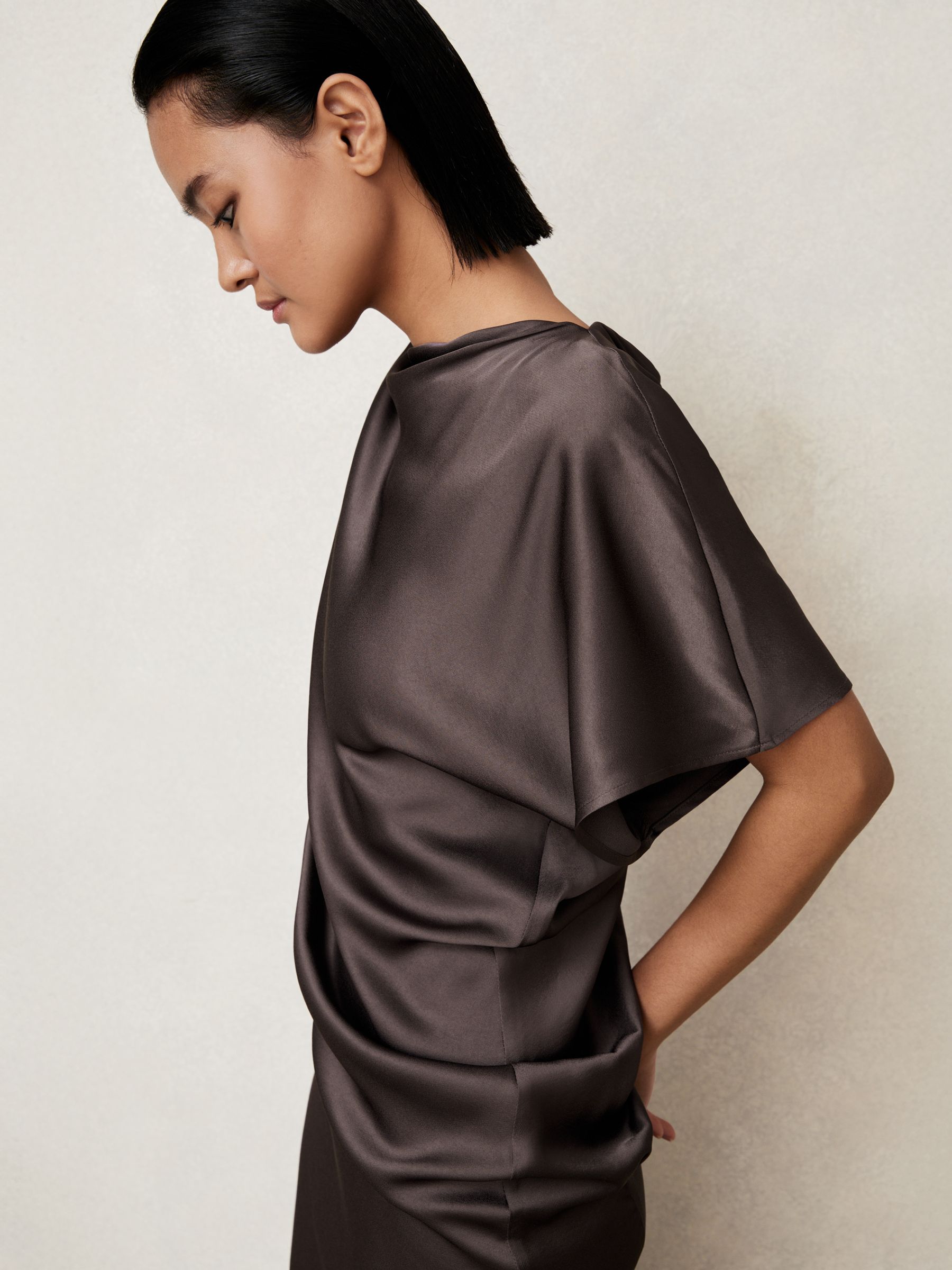 Satin Asymmetric Draped Midi Dress in Mauve - Image 3 of 6
