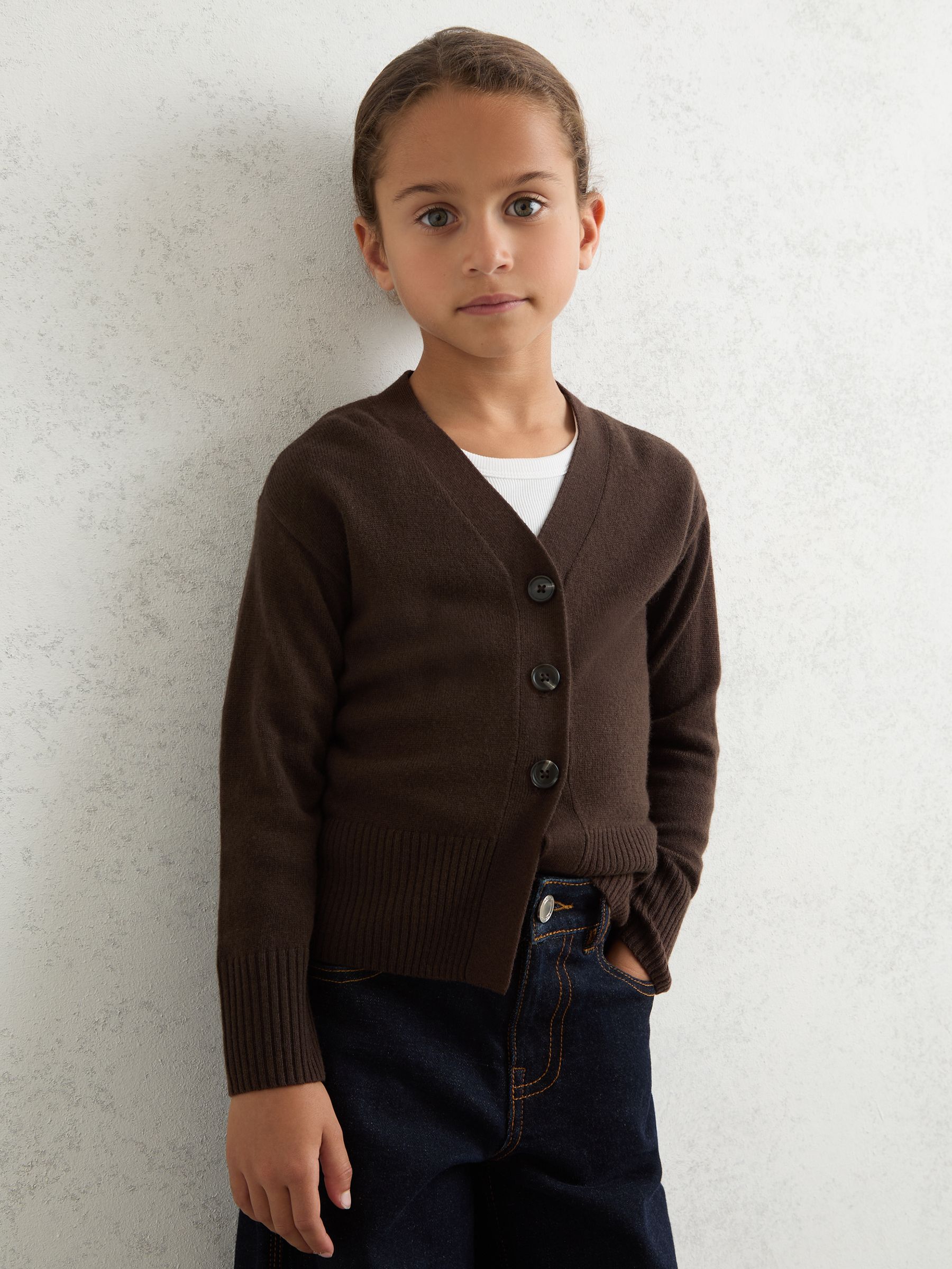 9-13 yrs Wool-Blend Fitted Cardigan With Cashmere in Brown - Image 3 of 4