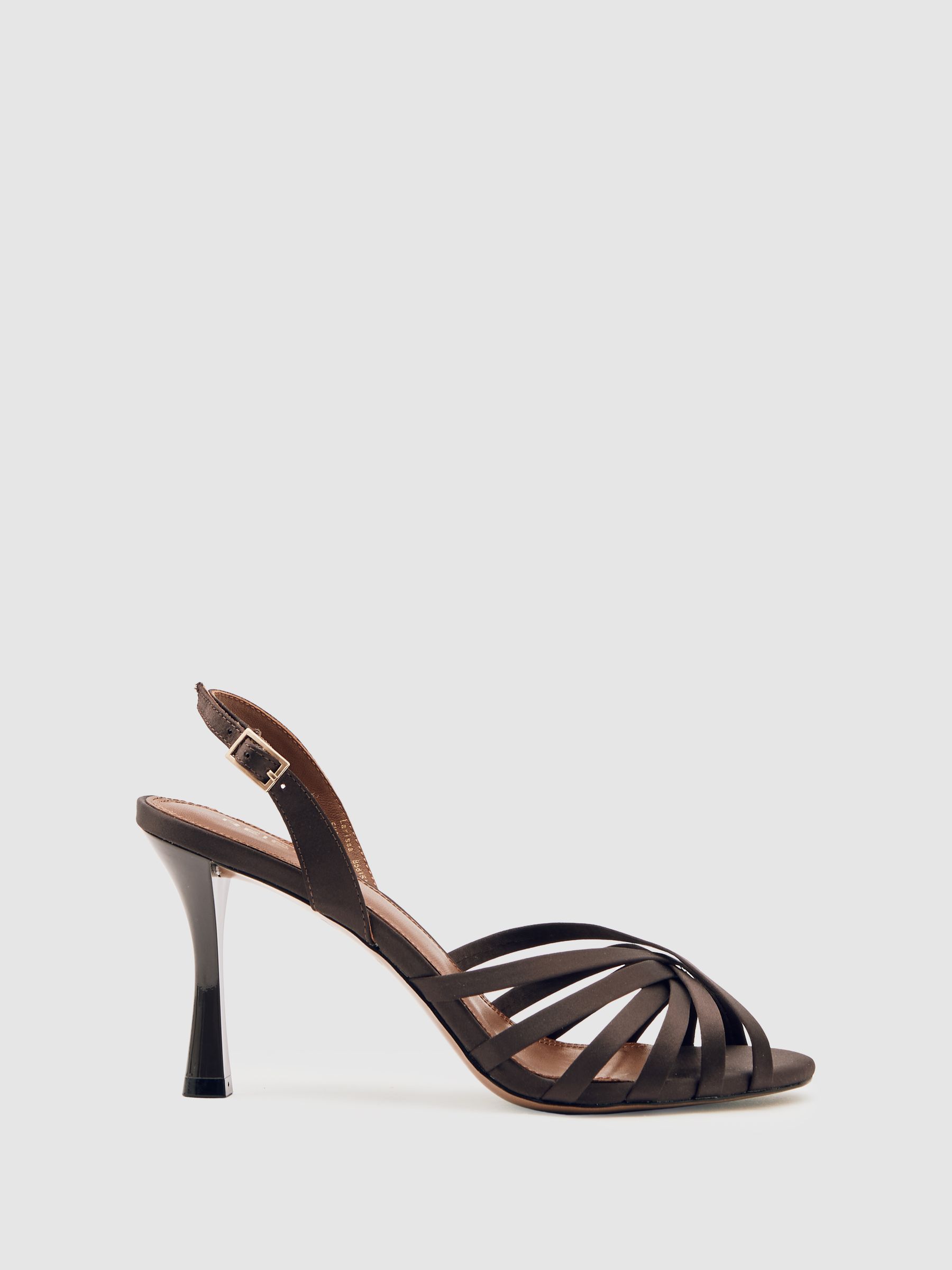 Satin Cross-Strap Heeled Sandals in Chocolate - Image 1 of 5