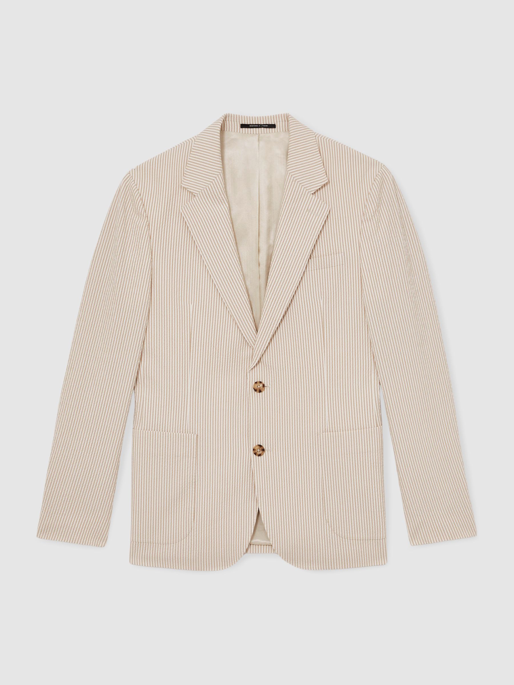 Seersucker Single-Breasted Suit Blazer Slim-Fit in Oatmeal/White - Image 2 of 8
