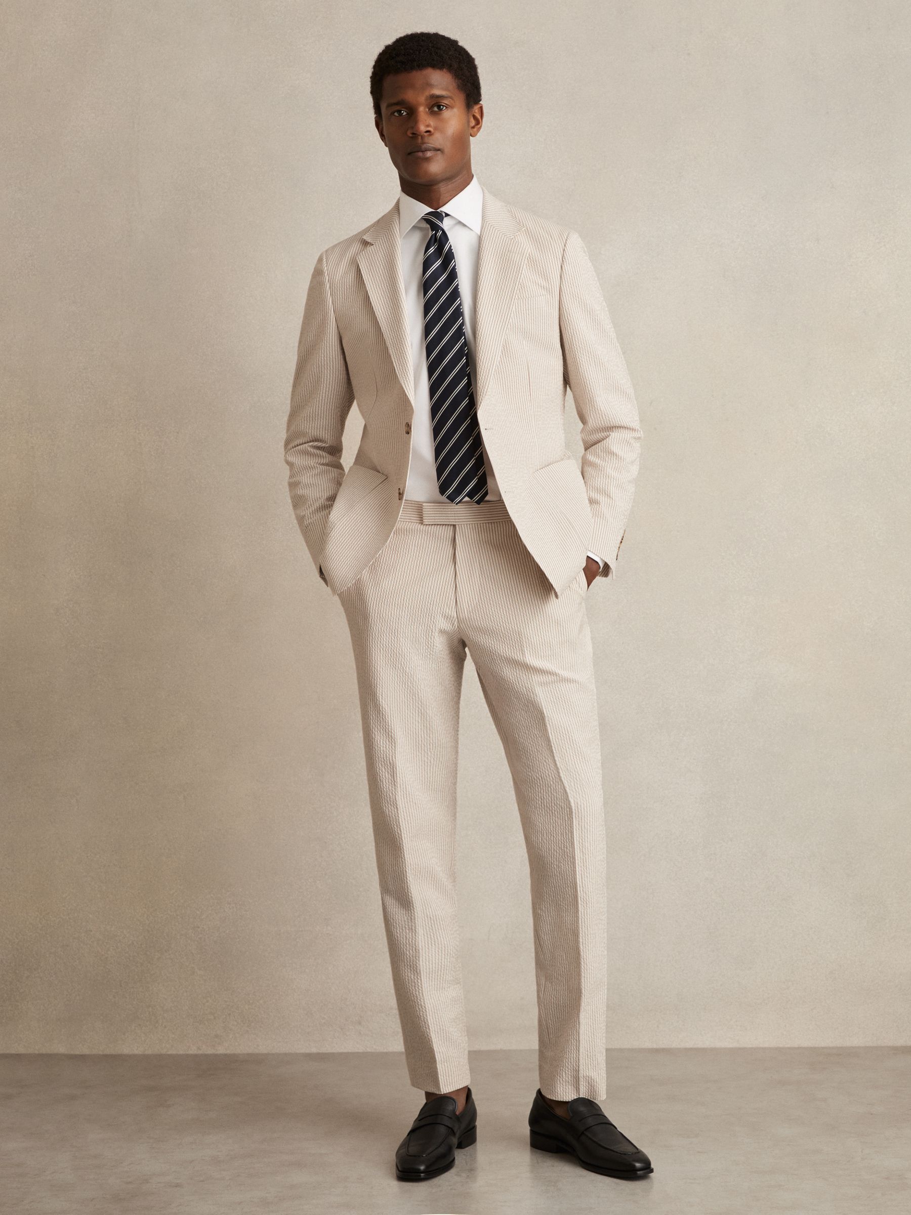 Seersucker Single-Breasted Suit Blazer Slim-Fit in Oatmeal/White - Image 3 of 8