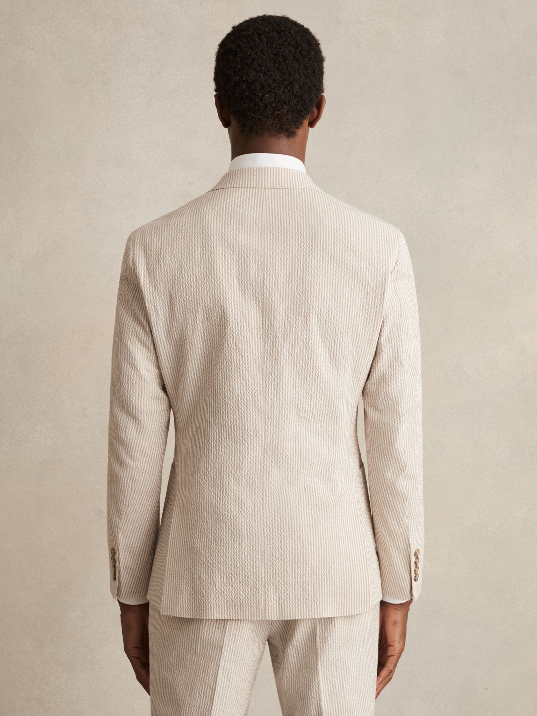 Seersucker Single-Breasted Suit Blazer Slim-Fit in Oatmeal/White - Image 5 of 8