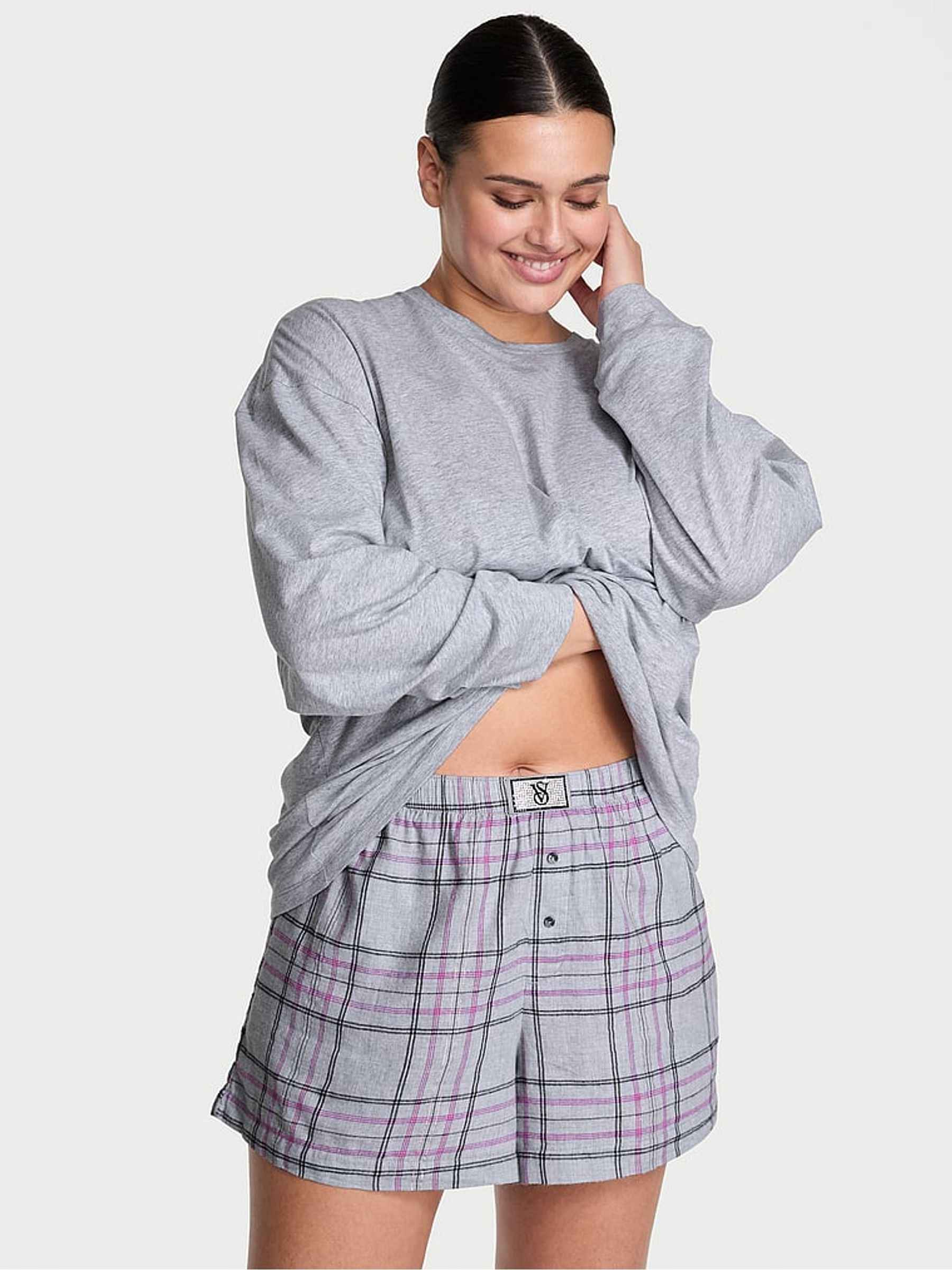 Heather Medium Grey Tartan Flannel Long Sleeve Short Pyjamas Set - Image 1 of 3 Heather Medium Grey Tartan Flannel Long Sleeve Short Pyjamas Set - Image 1 of 3