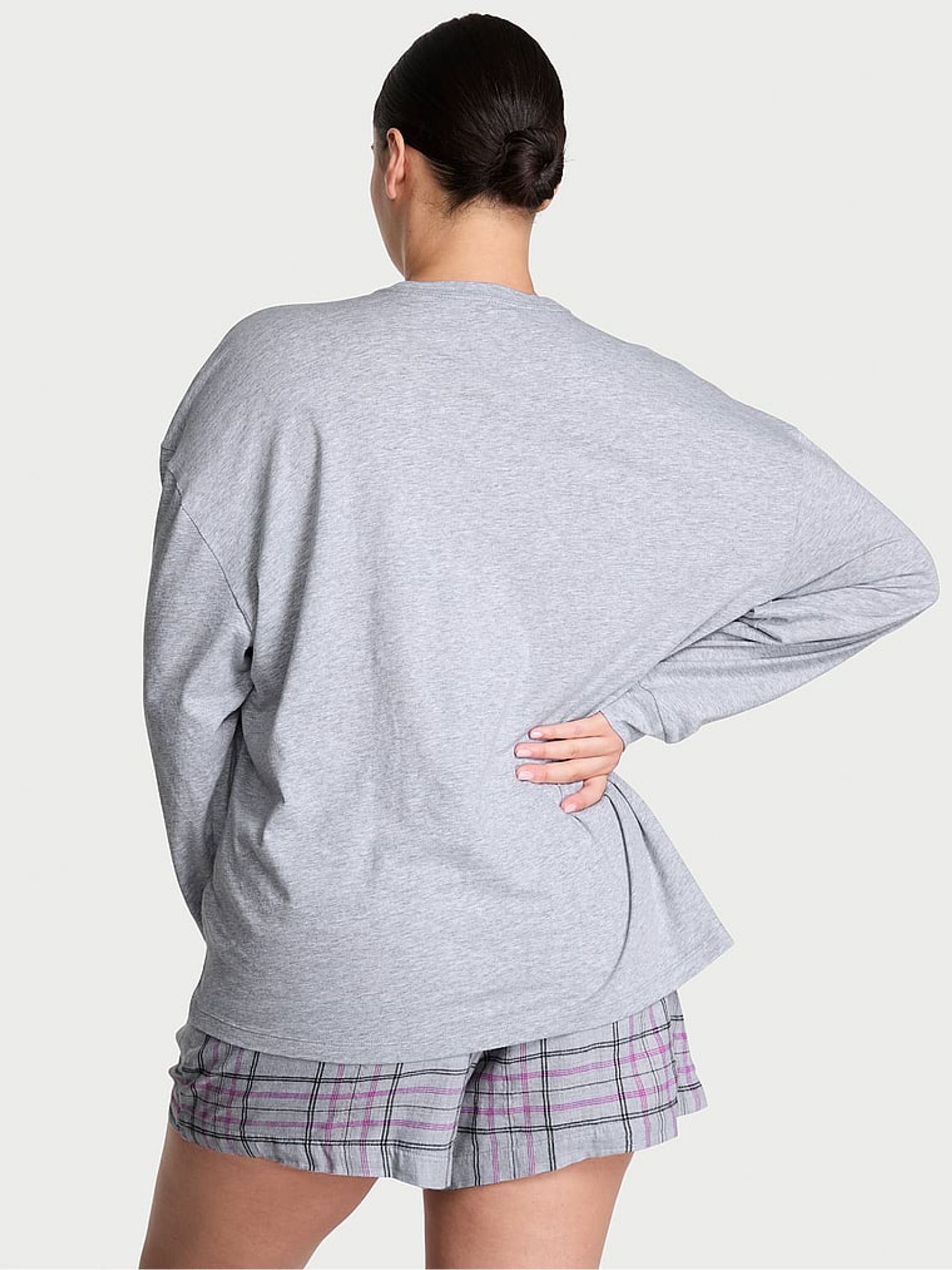 Heather Medium Grey Tartan Flannel Long Sleeve Short Pyjamas Set - Image 2 of 3