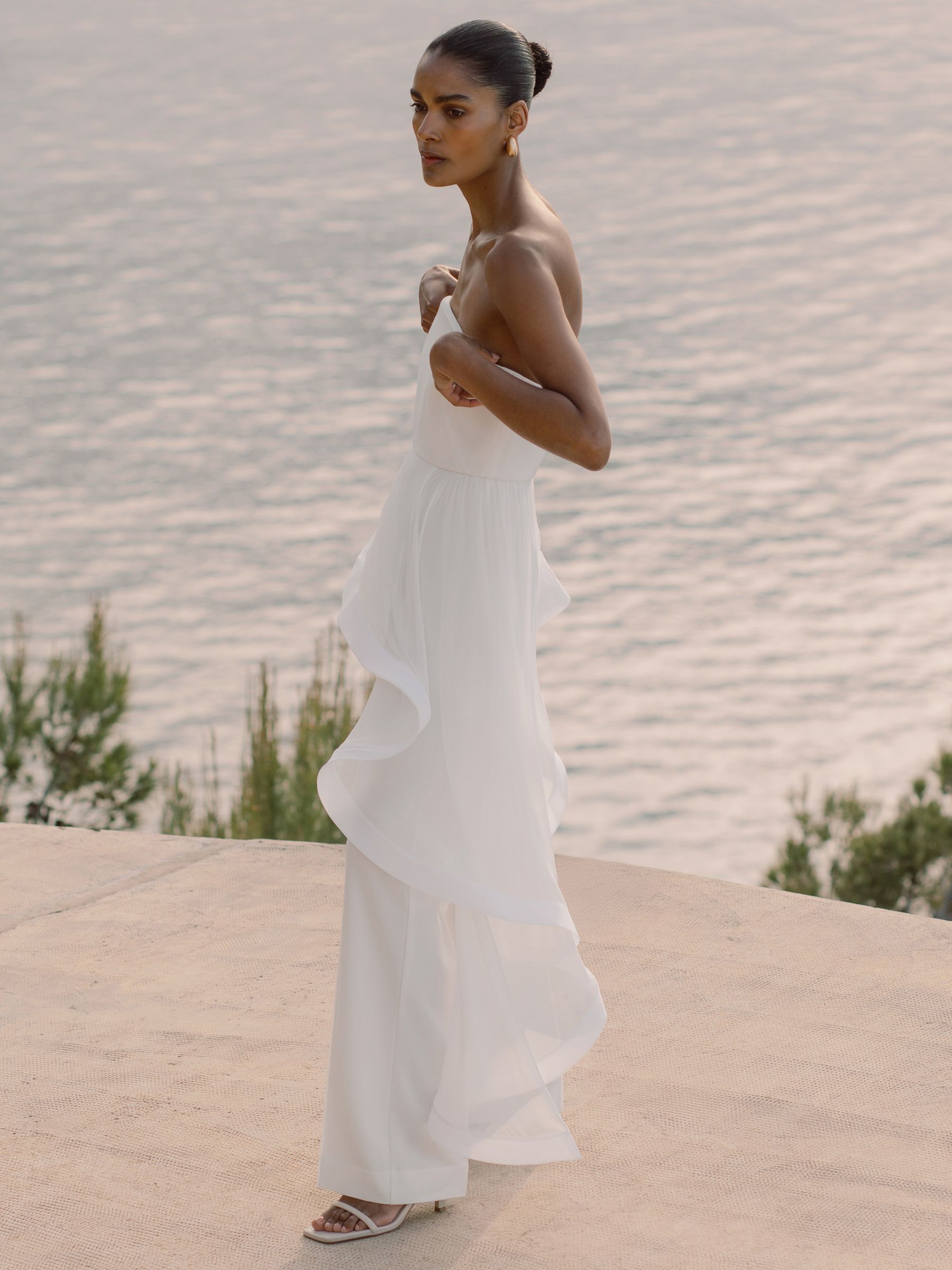 Silk Ruffle Bandeau Wide-Leg Jumpsuit in Ivory - Image 1 of 8 Silk Ruffle Bandeau Wide-Leg Jumpsuit in Ivory - Image 1 of 8