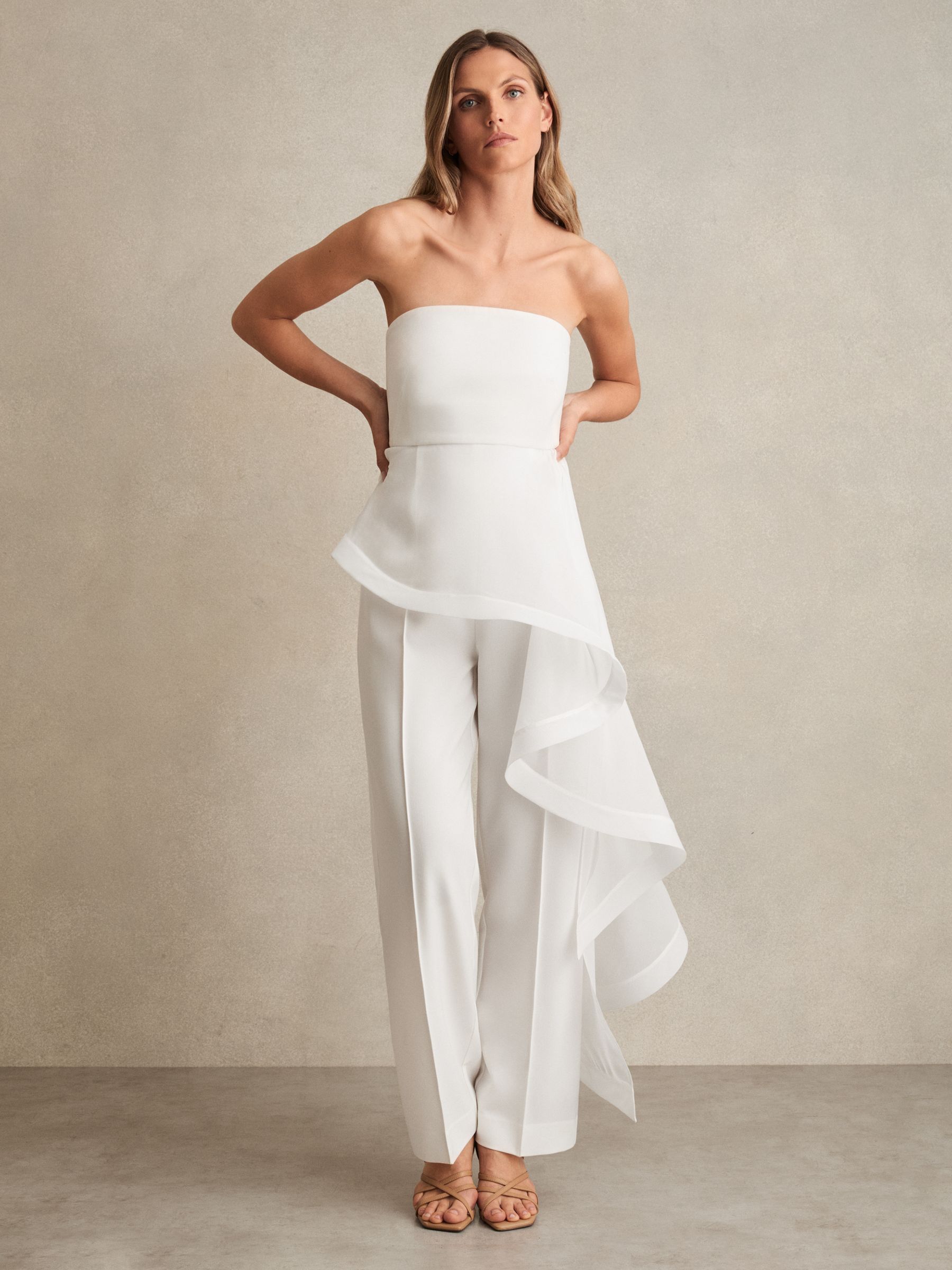 Silk Ruffle Bandeau Wide-Leg Jumpsuit in Ivory - Image 7 of 8