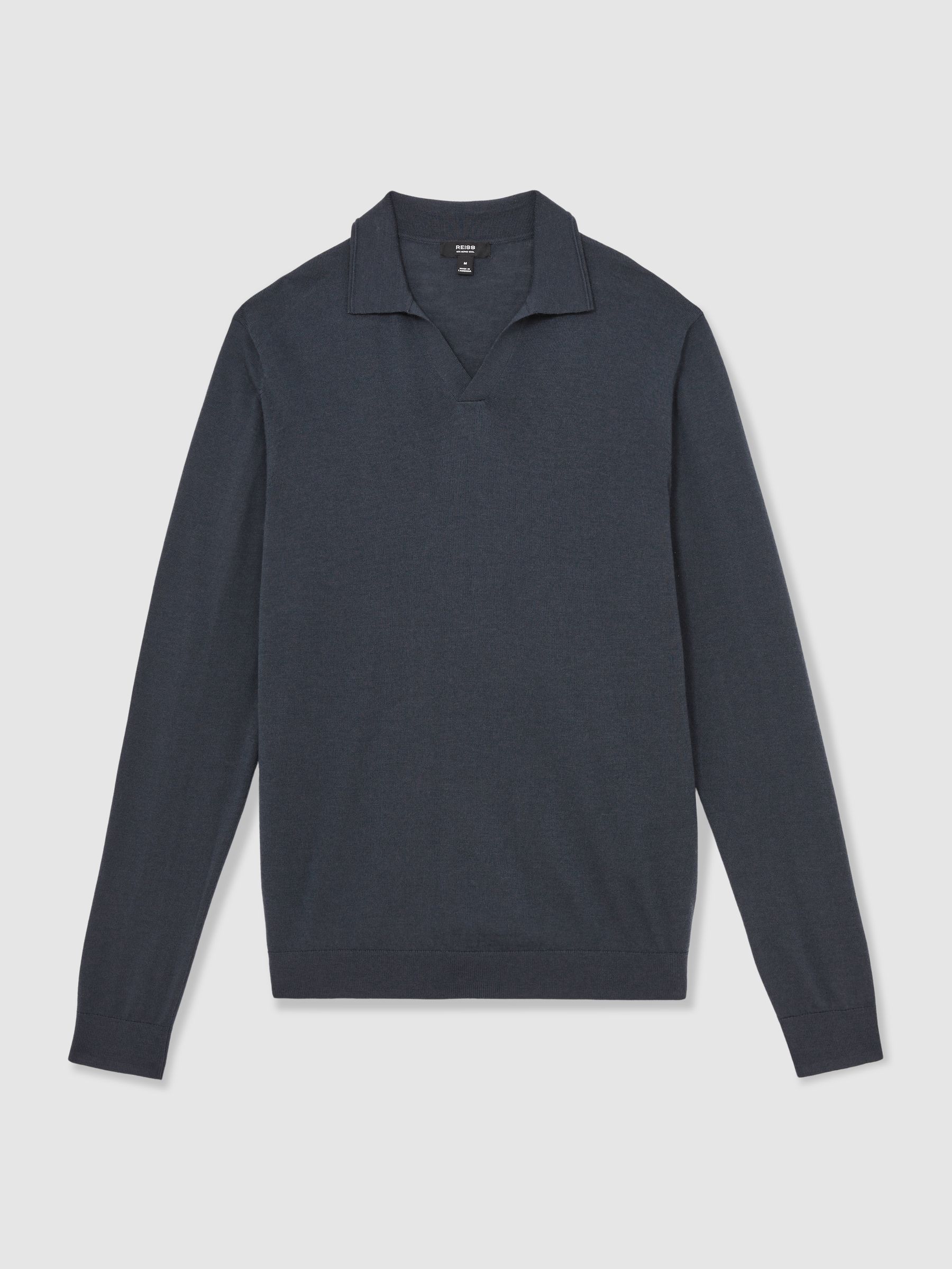 Merino Wool Open-Collar Polo Shirt in Midnight Navy - Image 2 of 5