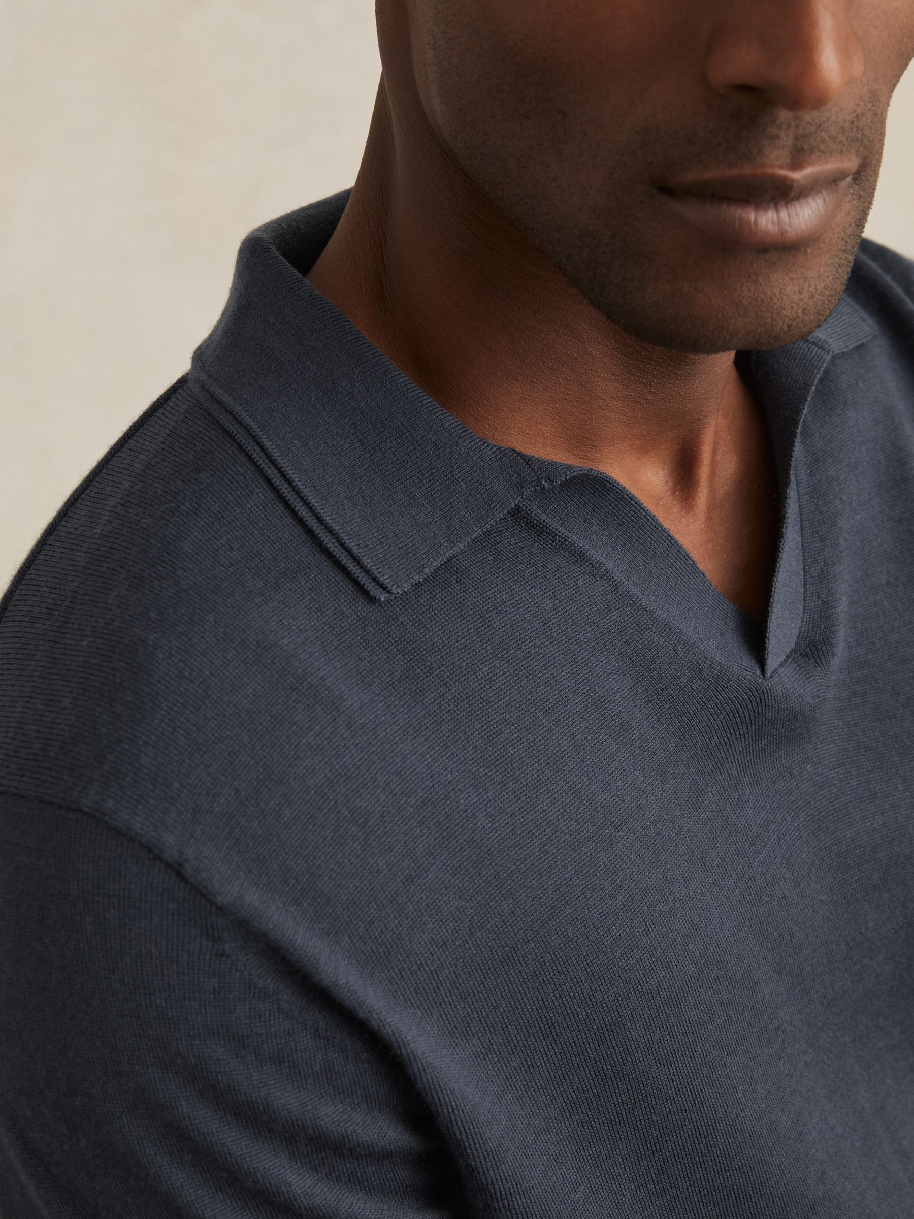 Merino Wool Open-Collar Polo Shirt in Midnight Navy - Image 3 of 5