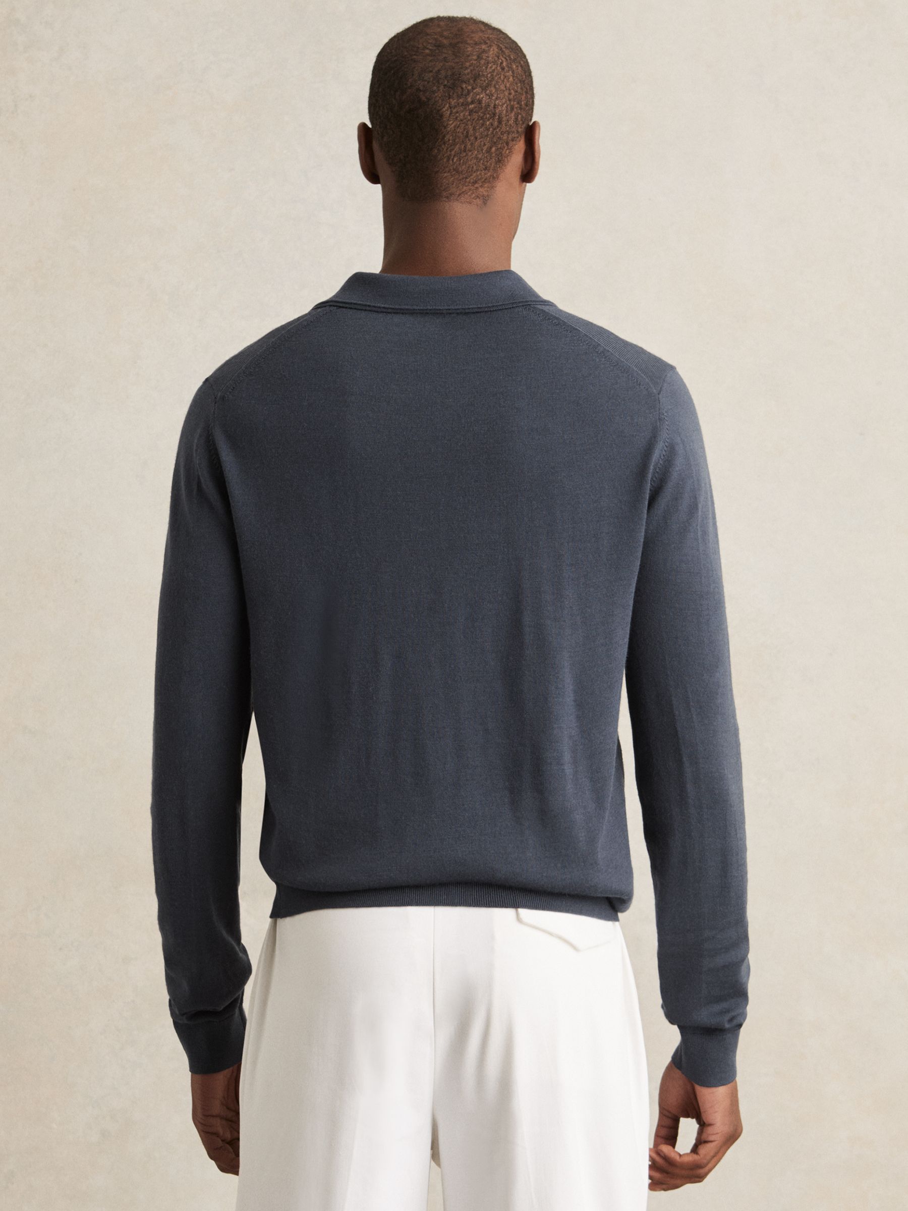 Merino Wool Open-Collar Polo Shirt in Midnight Navy - Image 4 of 5