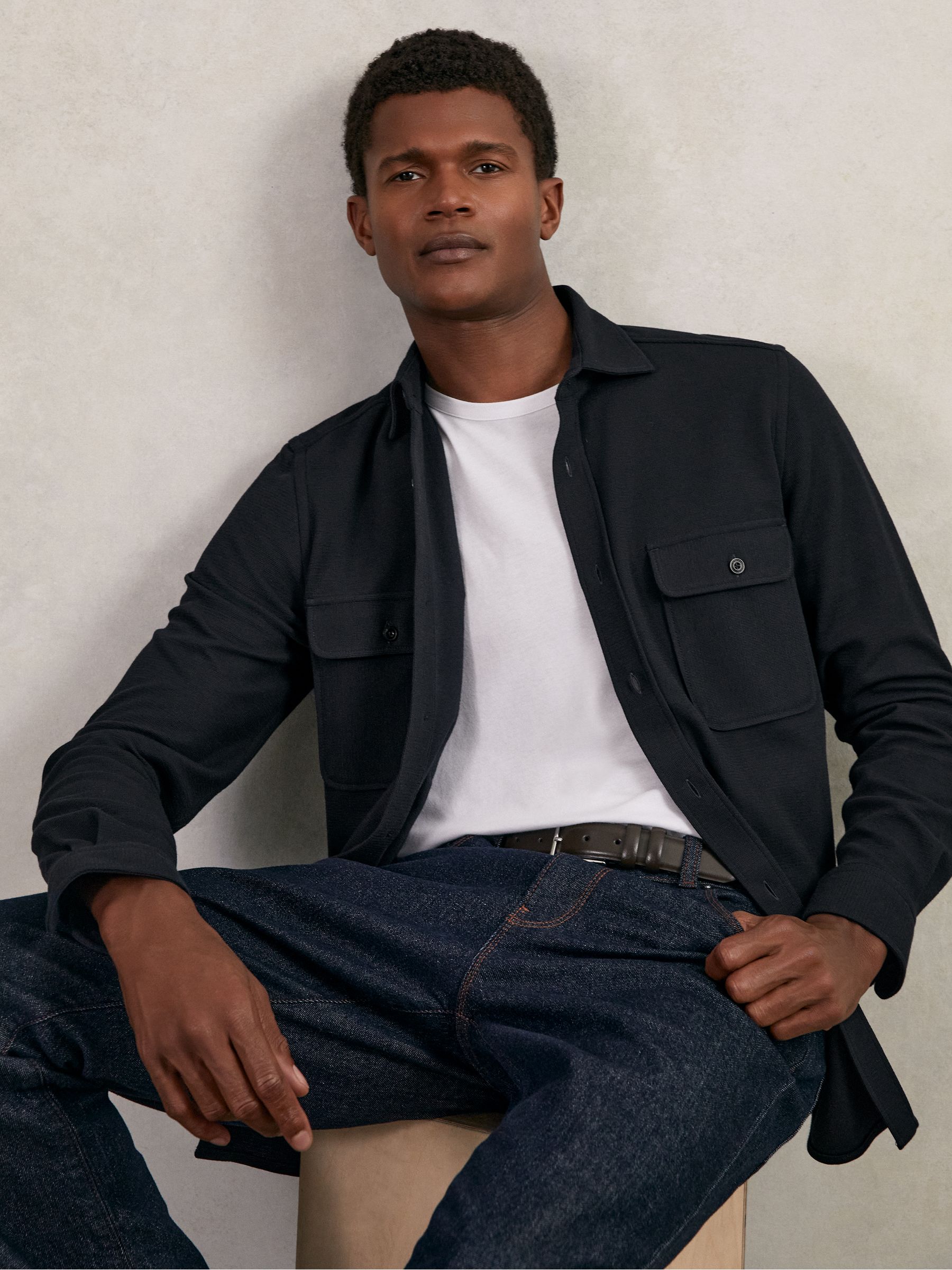 Textured Twin Pocket Cotton Blend Overshirt in Navy - Image 1 of 7 Textured Twin Pocket Cotton Blend Overshirt in Navy - Image 1 of 7