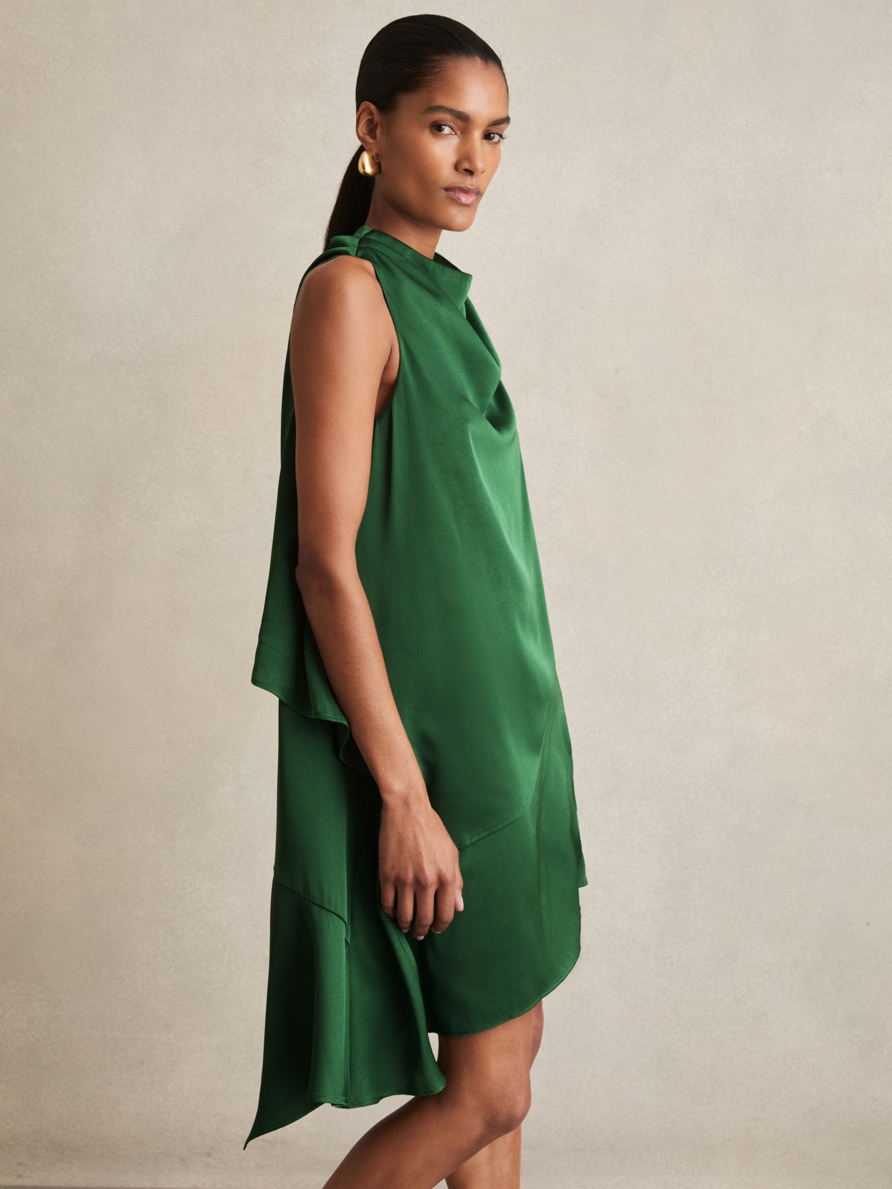 Satin Drape-Neck Layered Dress in Green - Image 3 of 6
